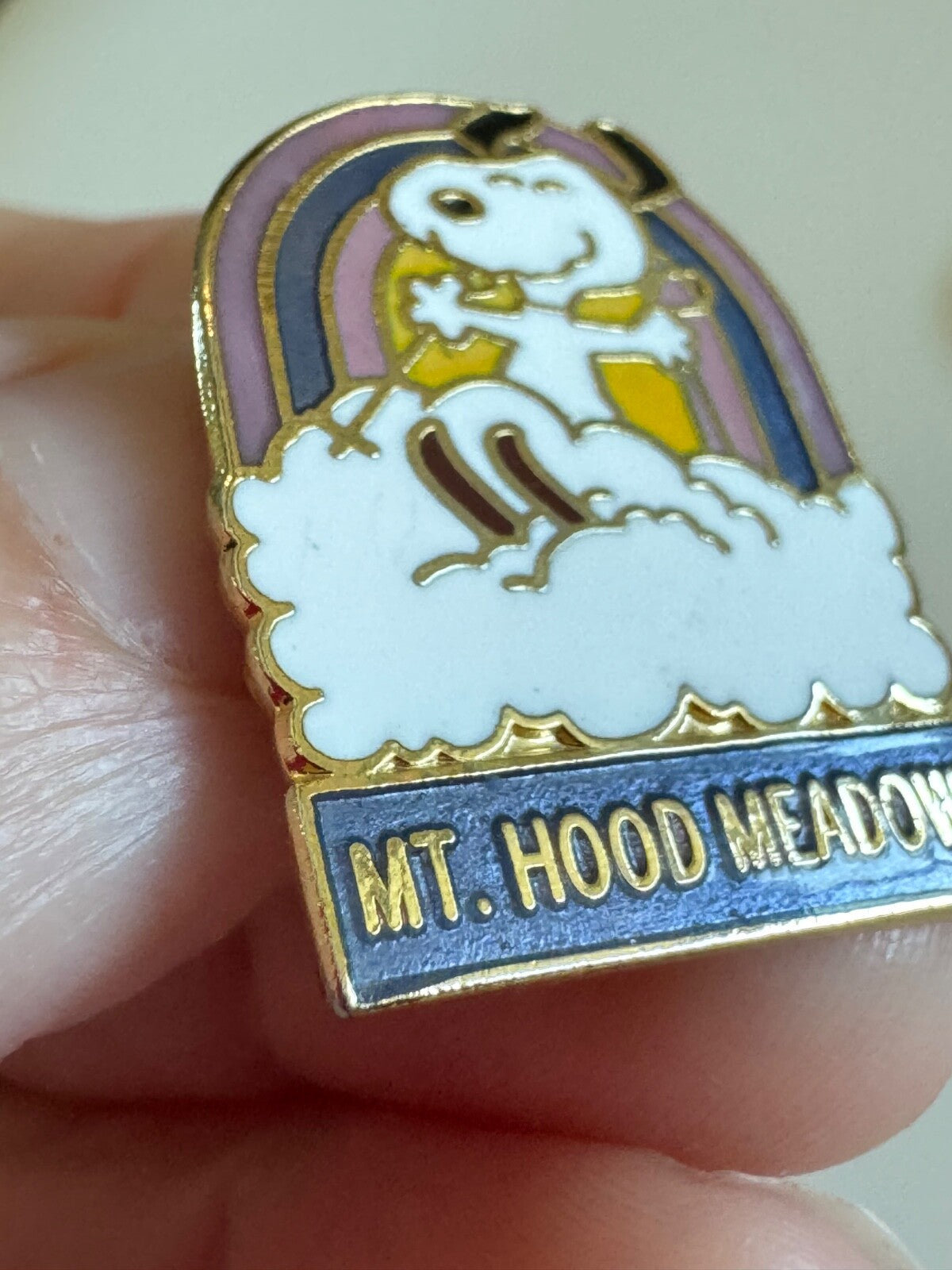Vintage Snoopy Mt Hood Meadows in a Cloud Cloisonne Lapel Pin 1958