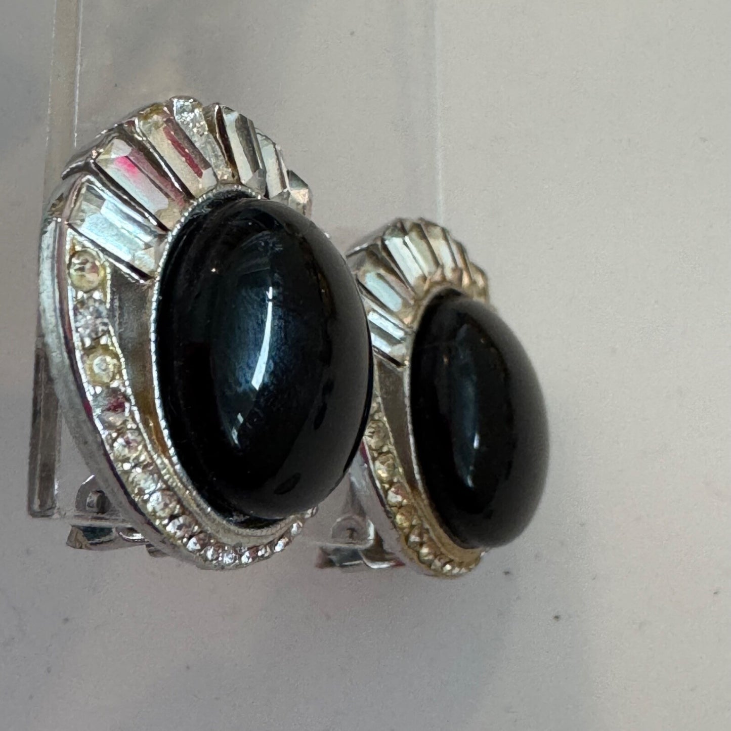Vintage Bergere Silver Tone Clip On Earrings Black Cabochon AS IS