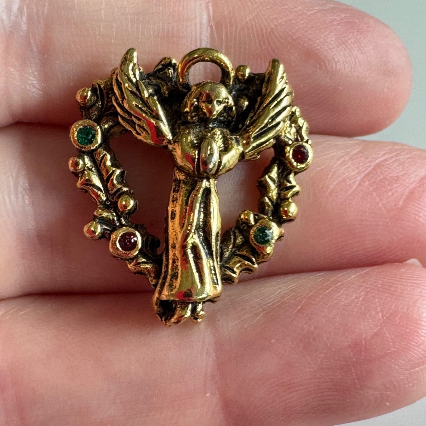 Vintage Gold Tone Christmas Angel Red Green Stones Lapel Pin