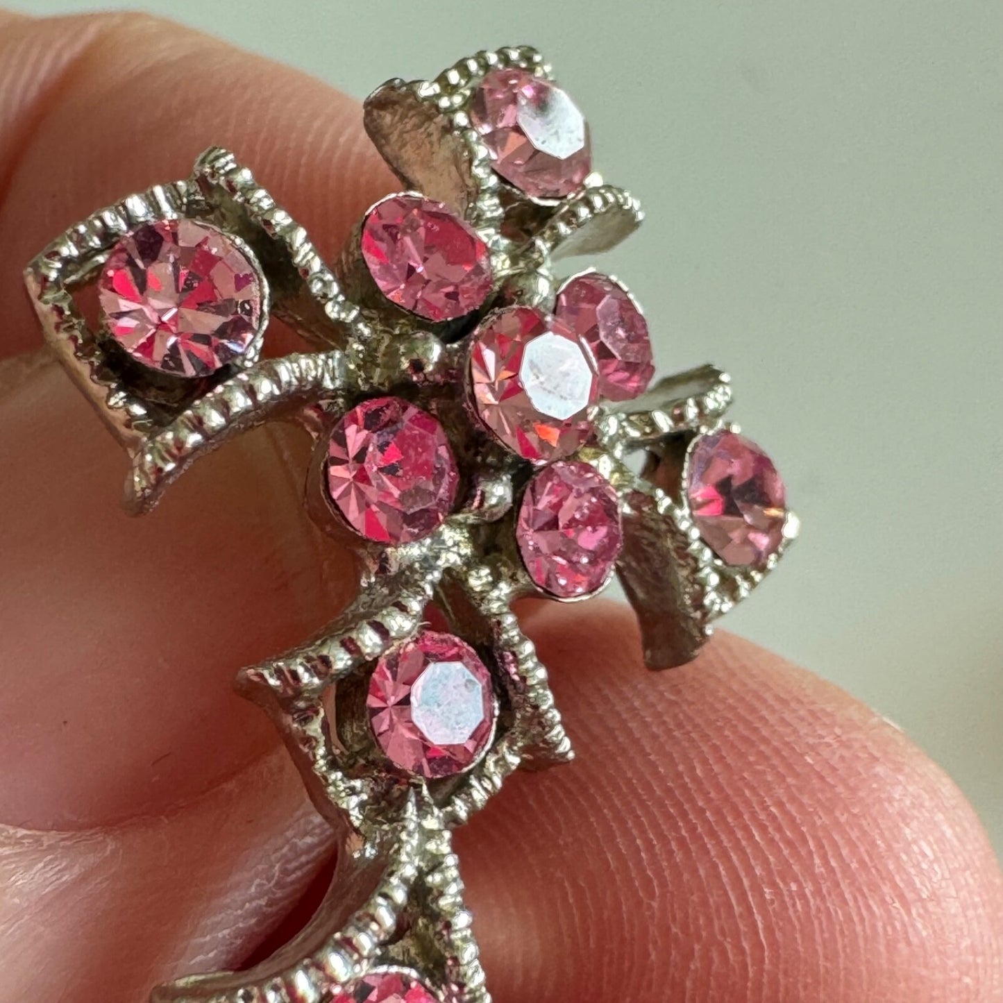 Vintage Silver Tone with Pink Crystal Cross Pin Brooch