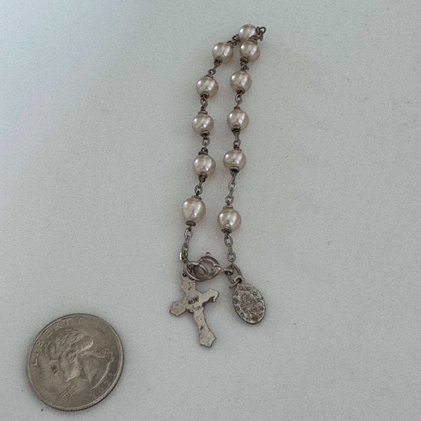 Vintage Silver Tone Rosary Bracelet Faux Pearl Italy