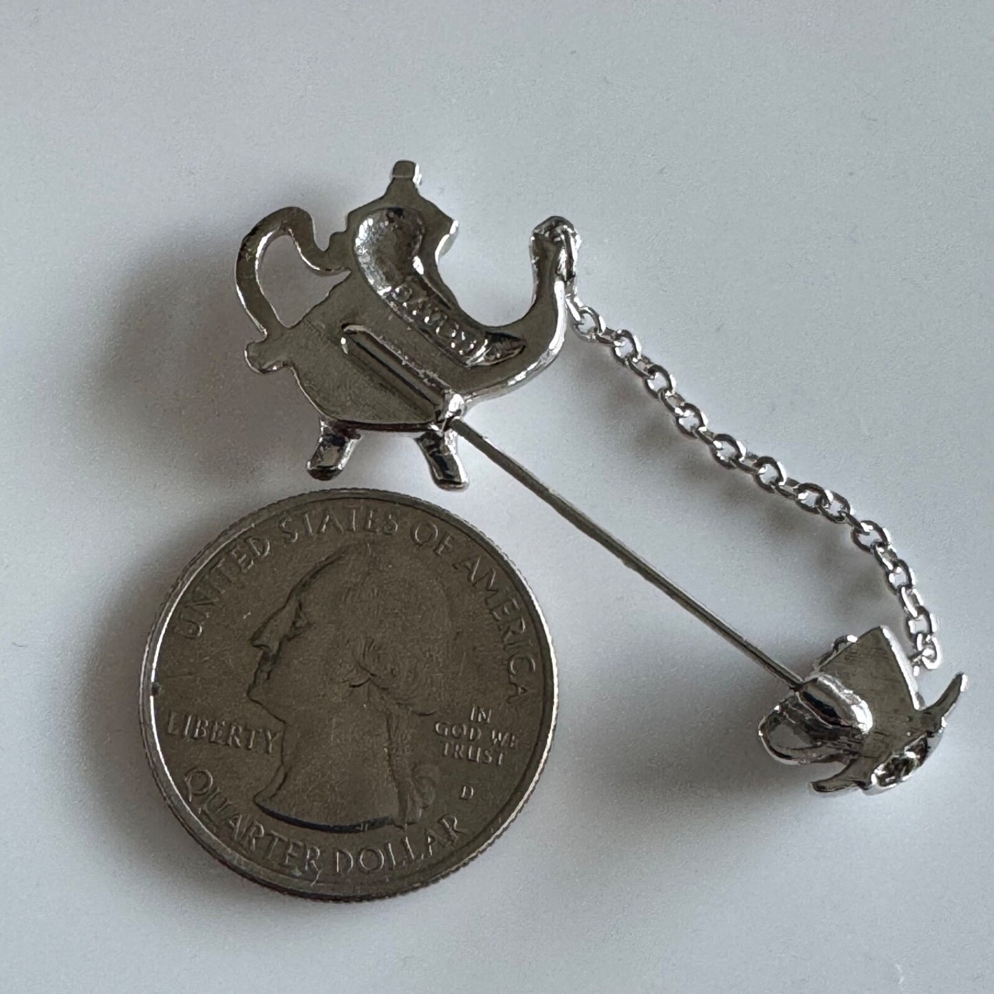 Vintage Avon Teapot and Tea Cup Stick Brooch PIN Silver Tone 2"