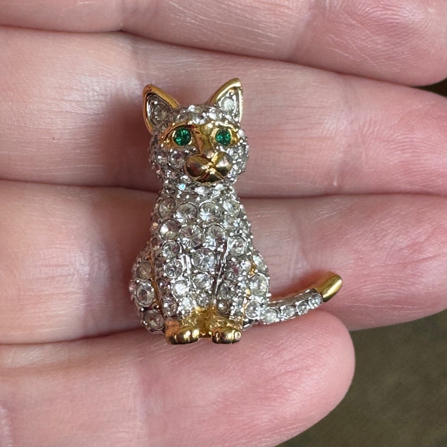 Vintage Swarovski Crystal Gold Silver Tone Cat Lapel Pin Green Eyes Tie Tack