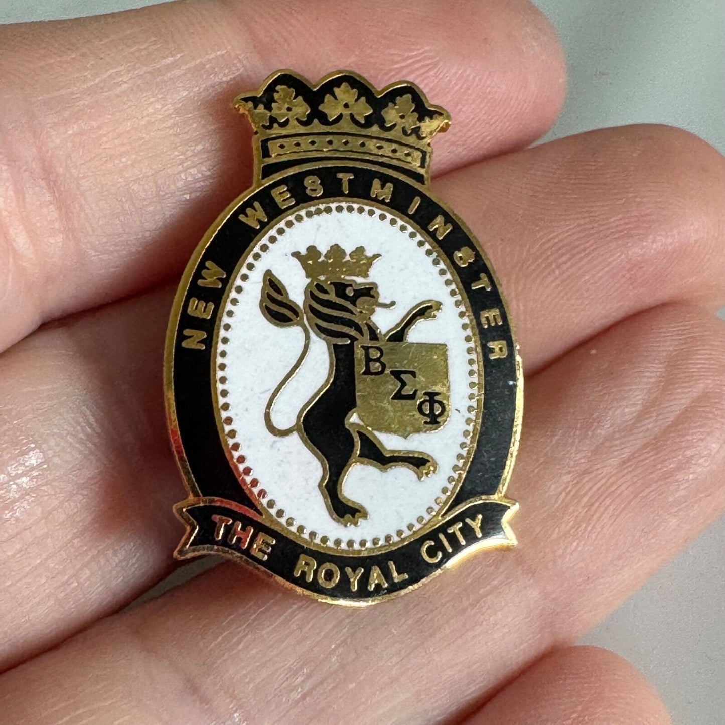 Vintage Beta Sigma Phi New Westminster The Royal City Crest Enamel Pin