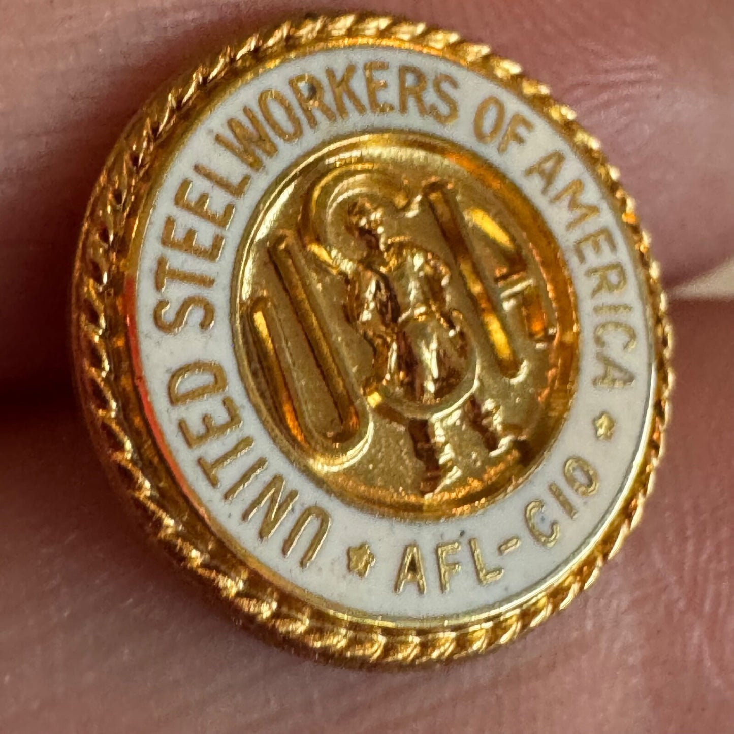 Vintage United Steelworkers of America AFL-CIO Lapel Pin White Enamel Tie Tack