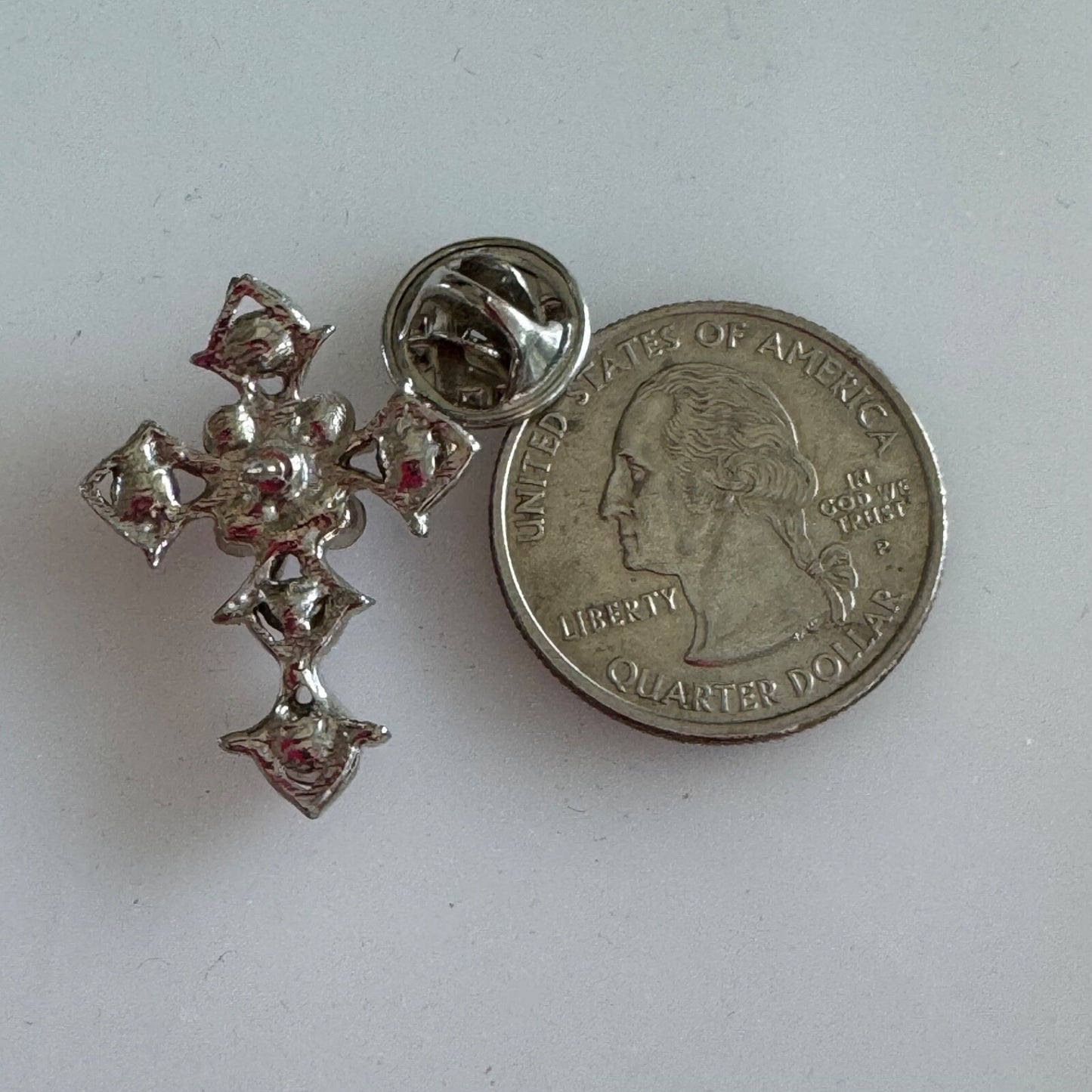 Vintage Silver Tone with Pink Crystal Cross Pin Brooch