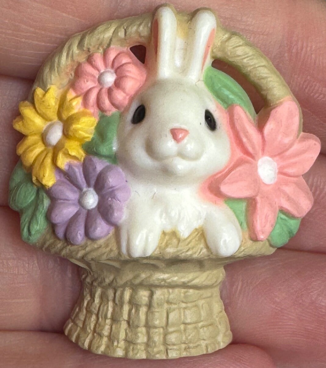 Vintage 1986 Hallmark Cards Easter Bunny Basket Flowers Lapel Pin Brooch
