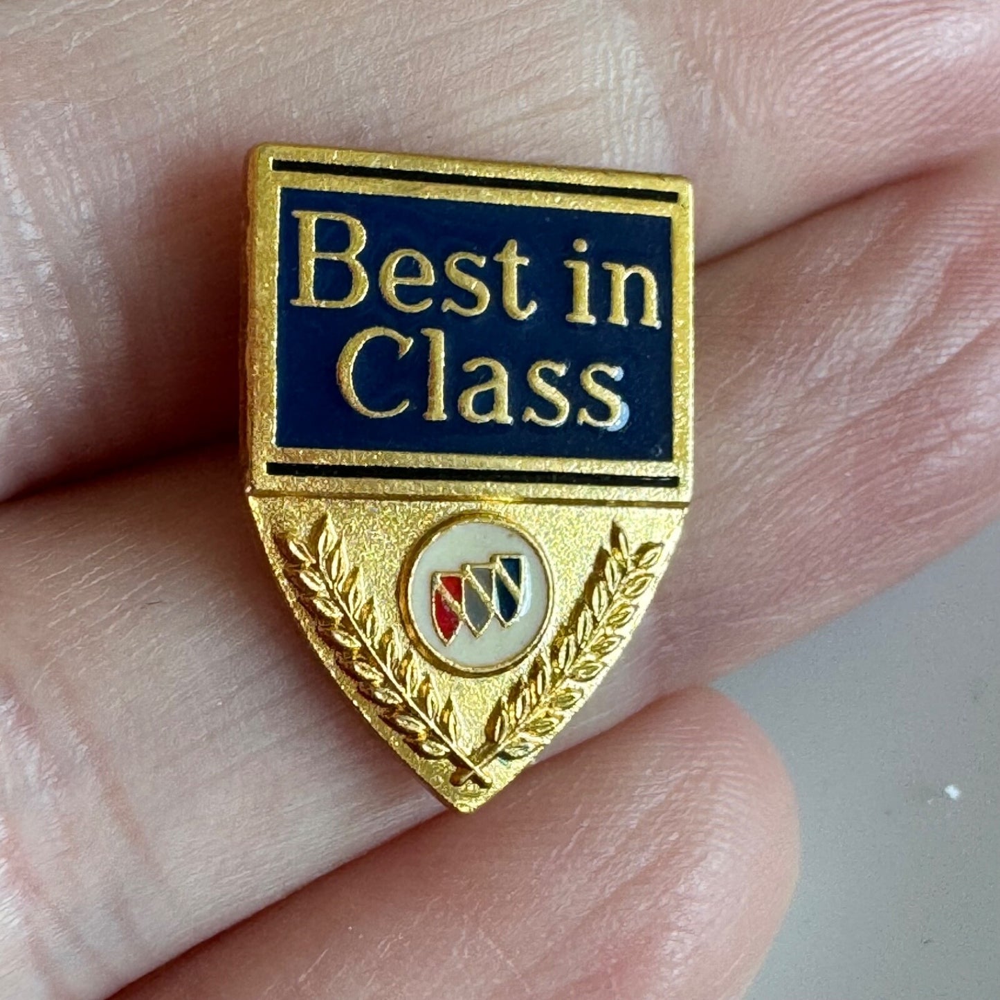 Vintage Buick Best in Class Logo Lapel Pin Shield Crest Tie Tack Gold Tone Award