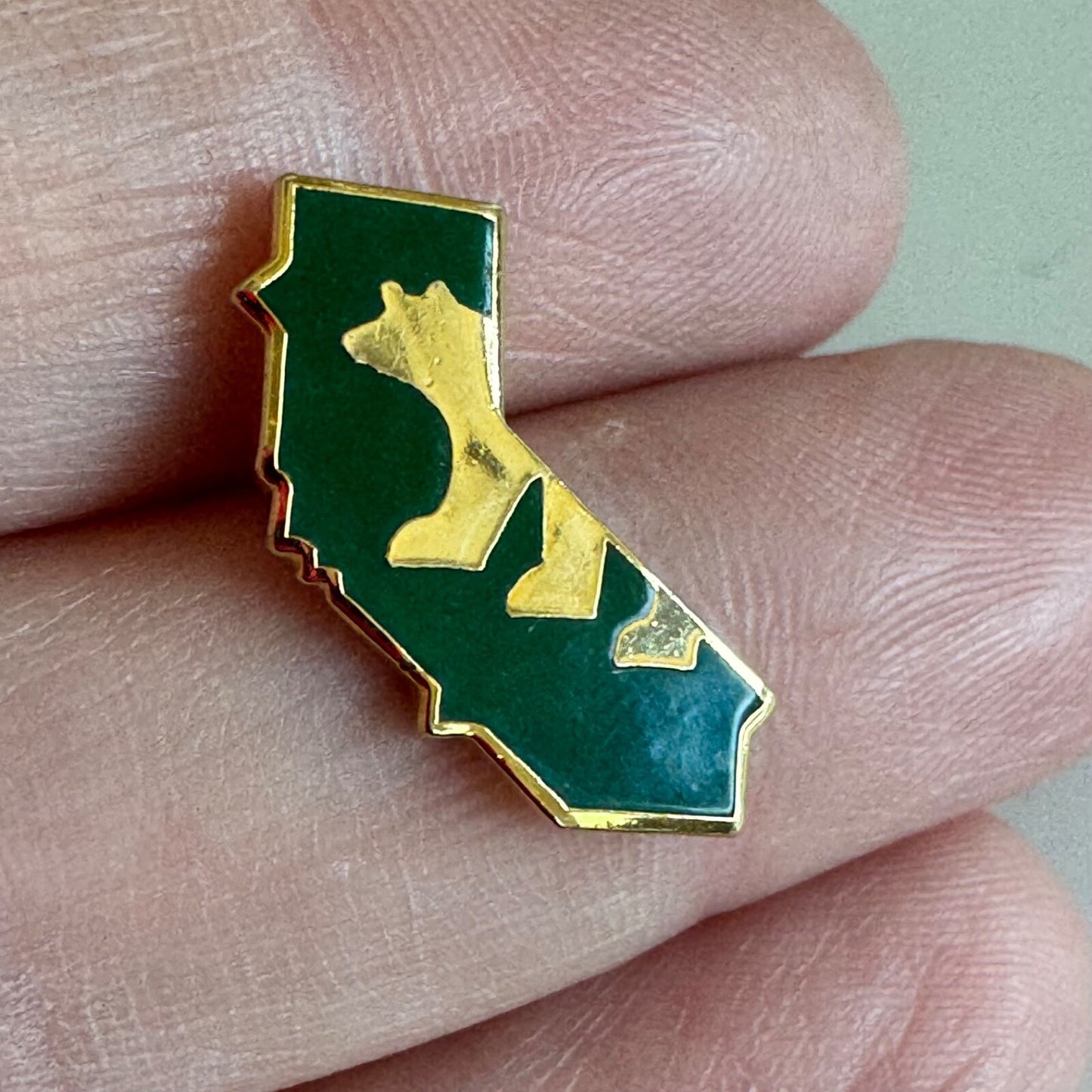 Vintage California Green and Gold State Shaped Lapel Pin with Bear