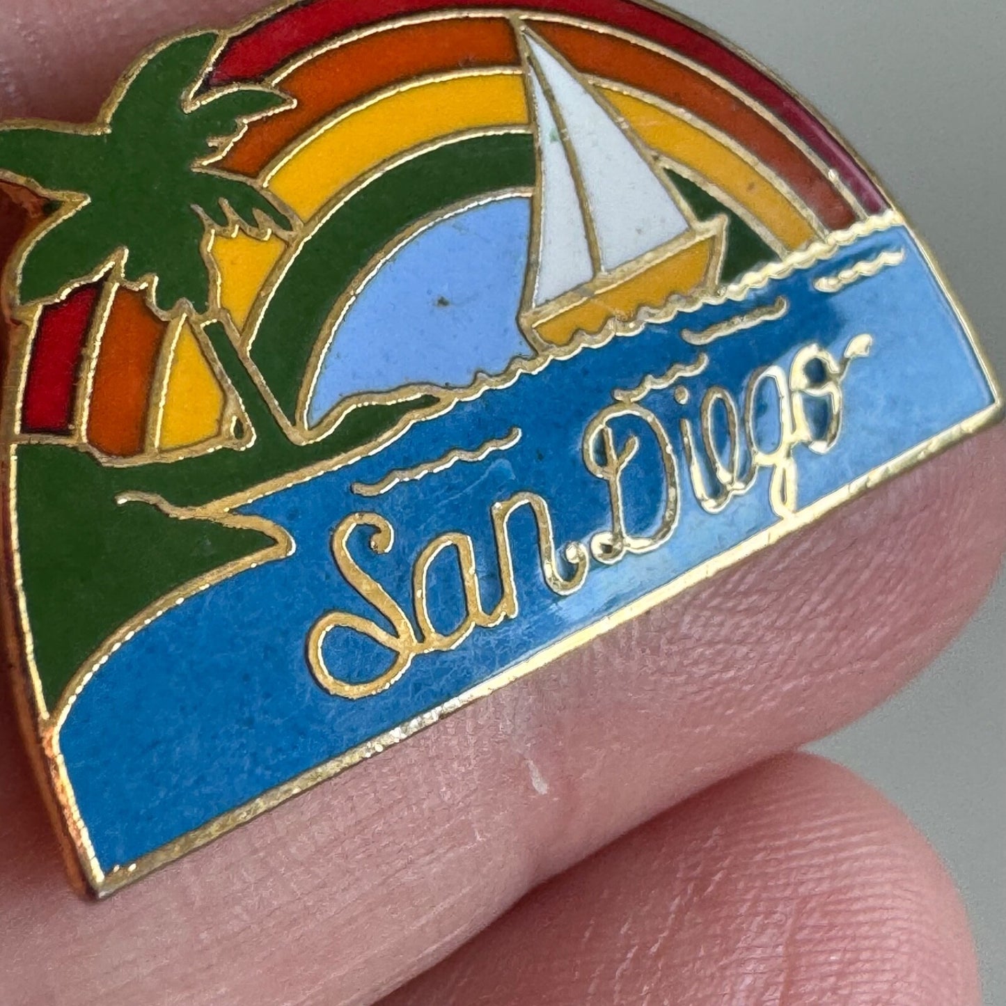 Vintage San Diego Enamel Lapel Pin Rainbow Sailboat Palm Tree