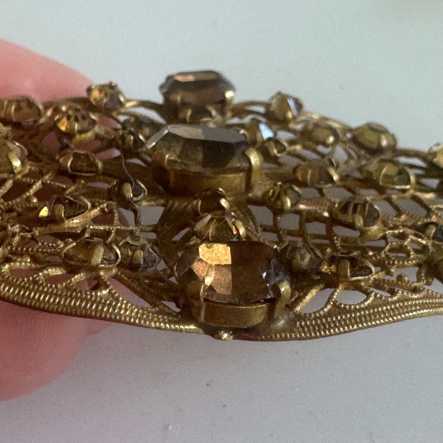 Vintage Filigree Crystal Art Nouveau Brooch with Safety Clasp C-Clasp