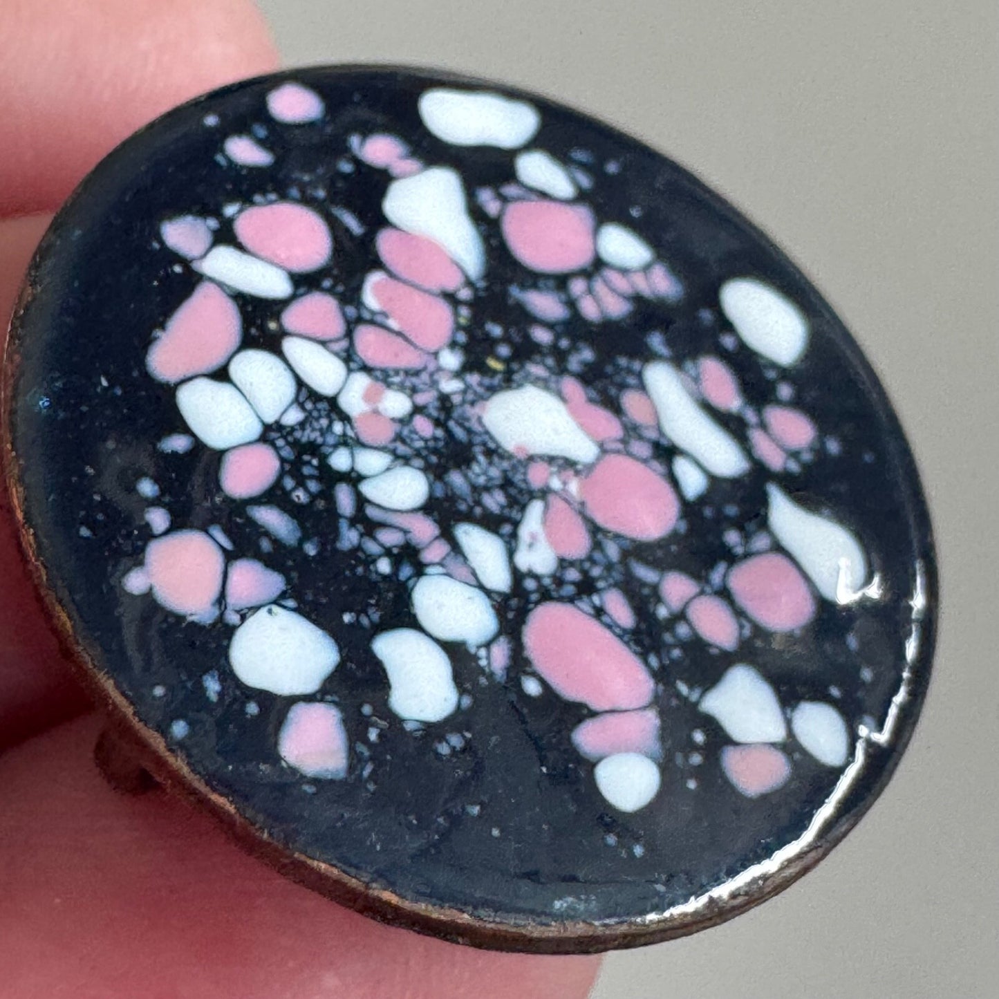 Vintage Enamel on Copper Pink White Black Screwback Earrings