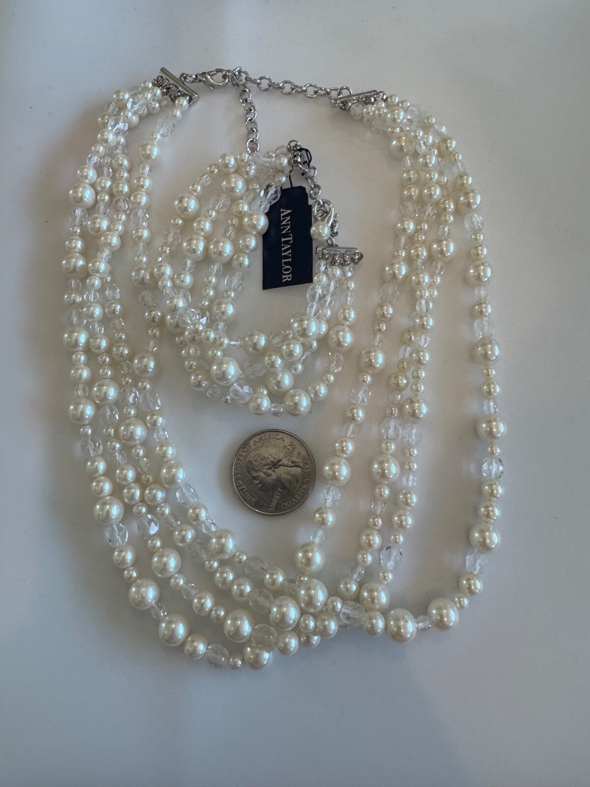 Ann Taylor Four-Strand Pearl and Crystal 20" Necklace and 8.5" Bracelet Set