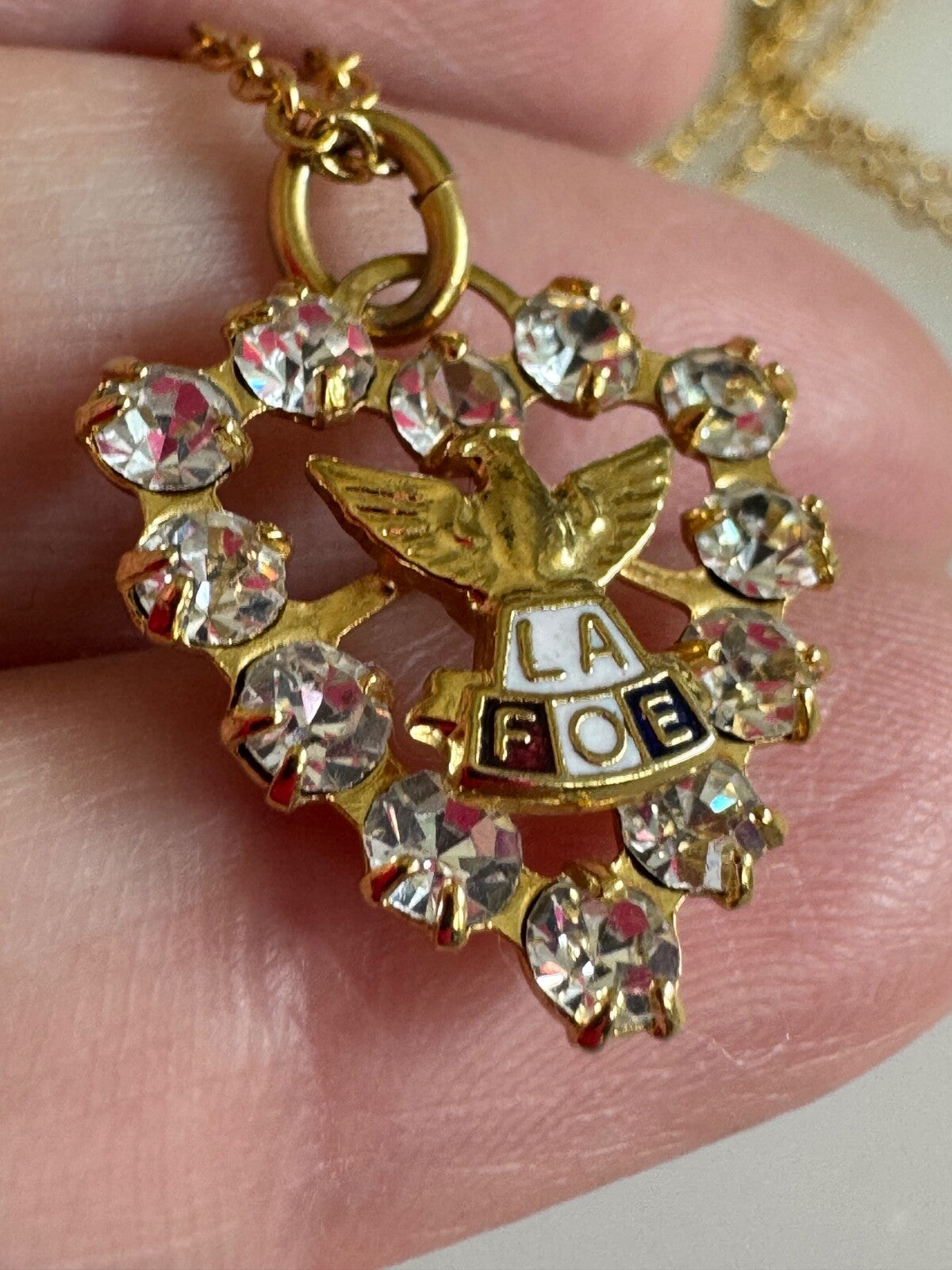 FOE Ladies Auxiliary Rhinestone Heart Pendant Necklace Fraternal Order of Eagles