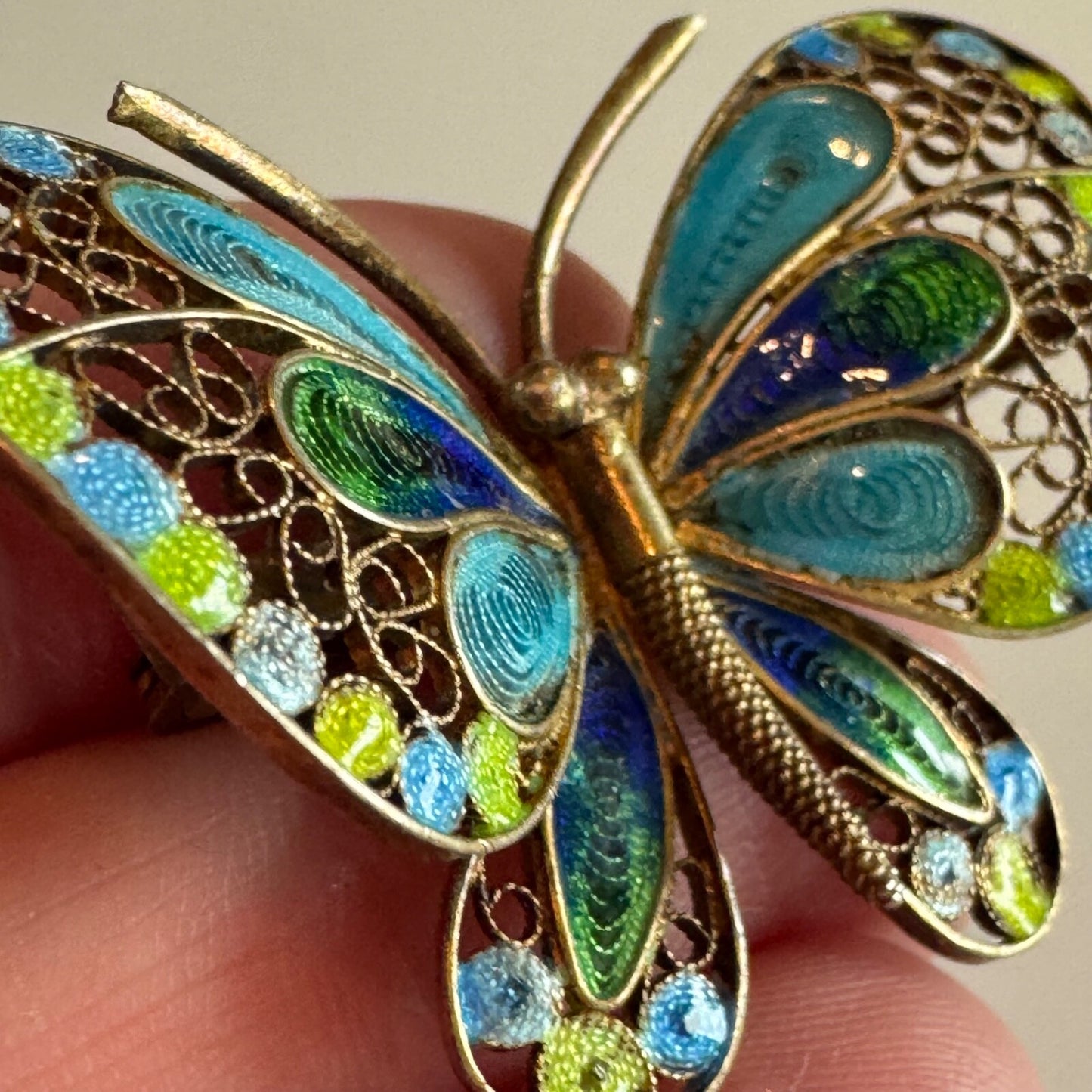 Vintage 800 Silver Plique a Jour Filigree Butterfly Brooch Pin Gold Plated