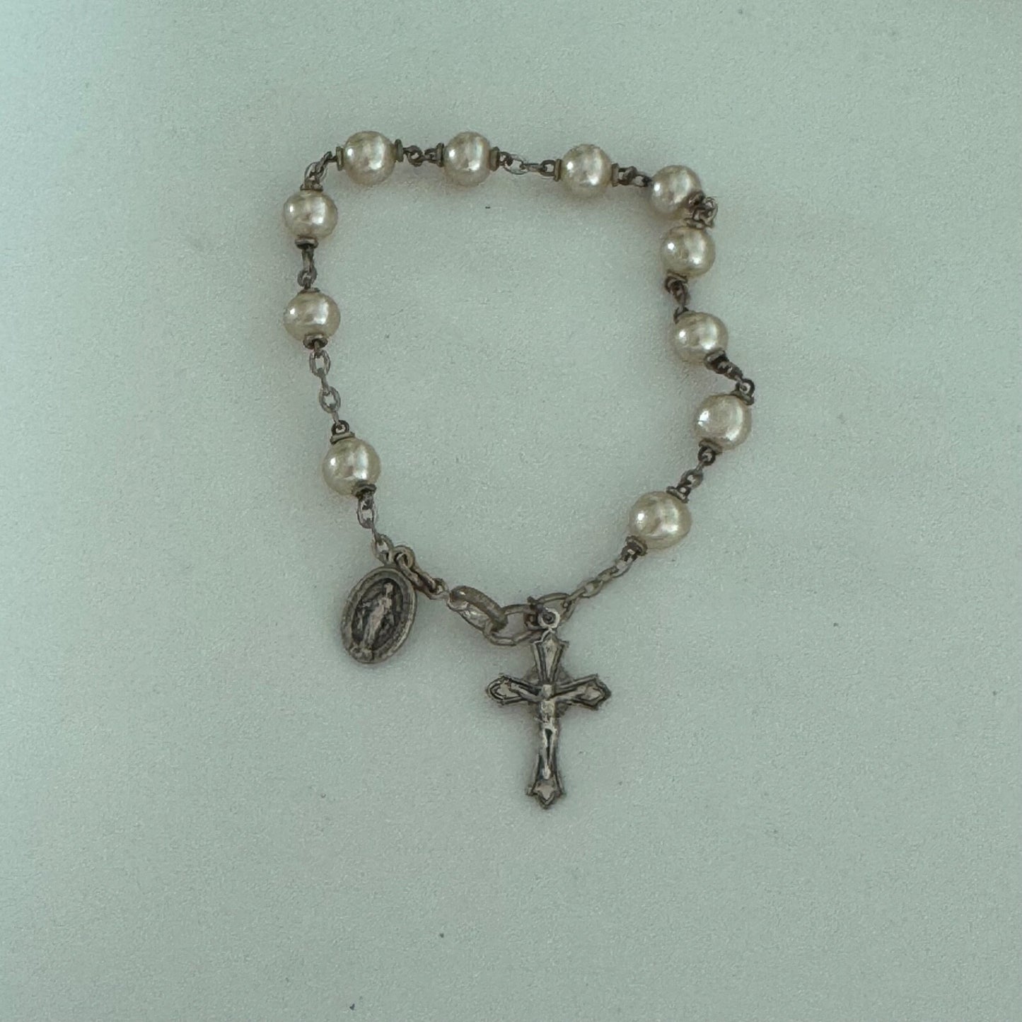 Vintage Silver Tone Rosary Bracelet Faux Pearl Italy