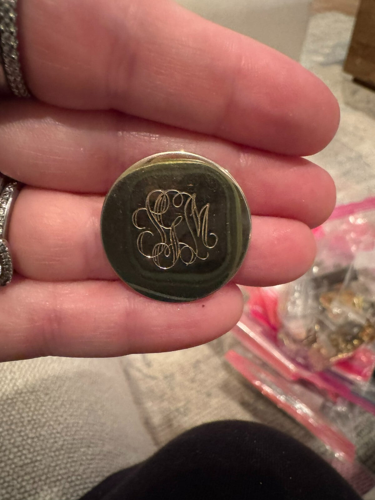Vintage Gold Tone Monogram SGM SMG Round Disc Pin Brooch