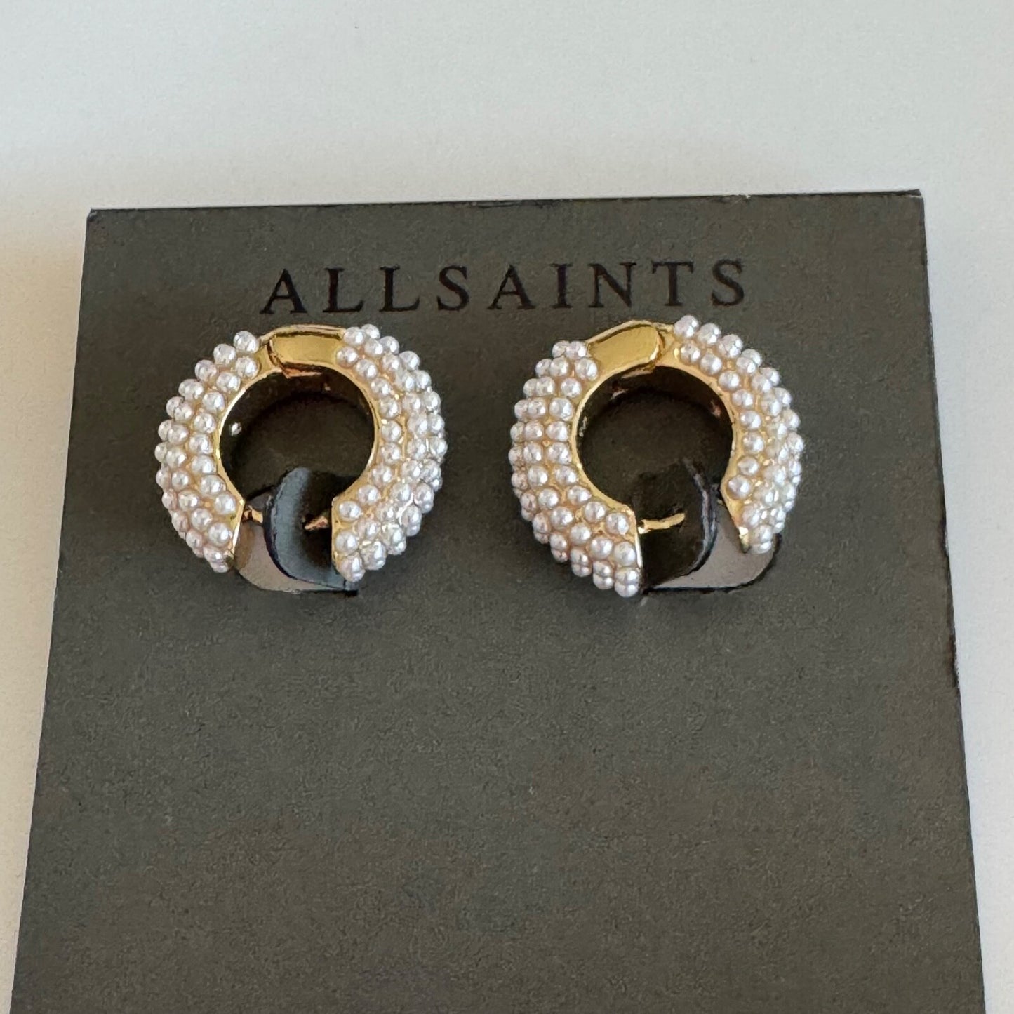 Allsaints Pearl Hoop Earrings New on Card Gold Tone Huggie All Saints