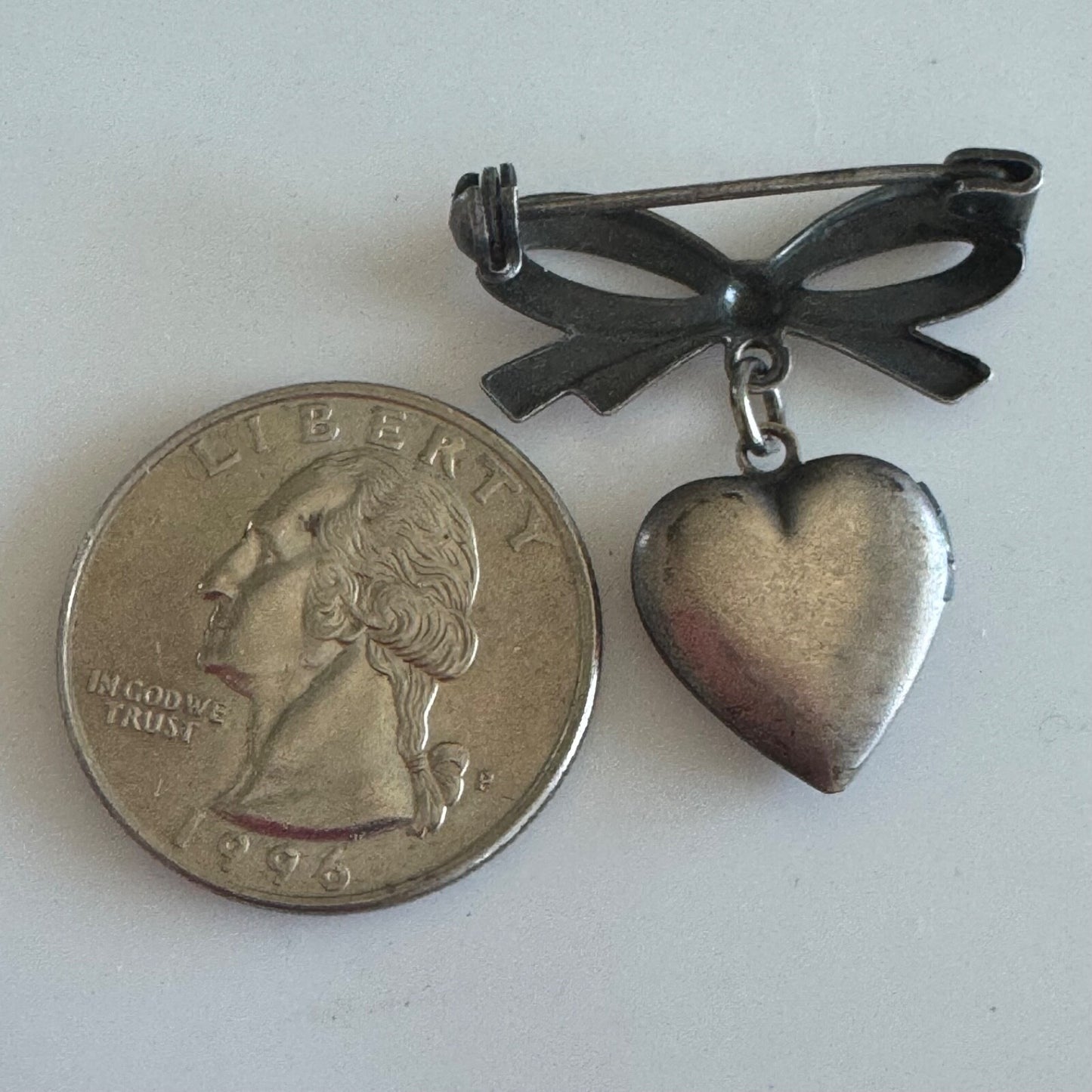 Silver Tone Dangle Locket Brooch Pin Bow Heart Shaped Flower