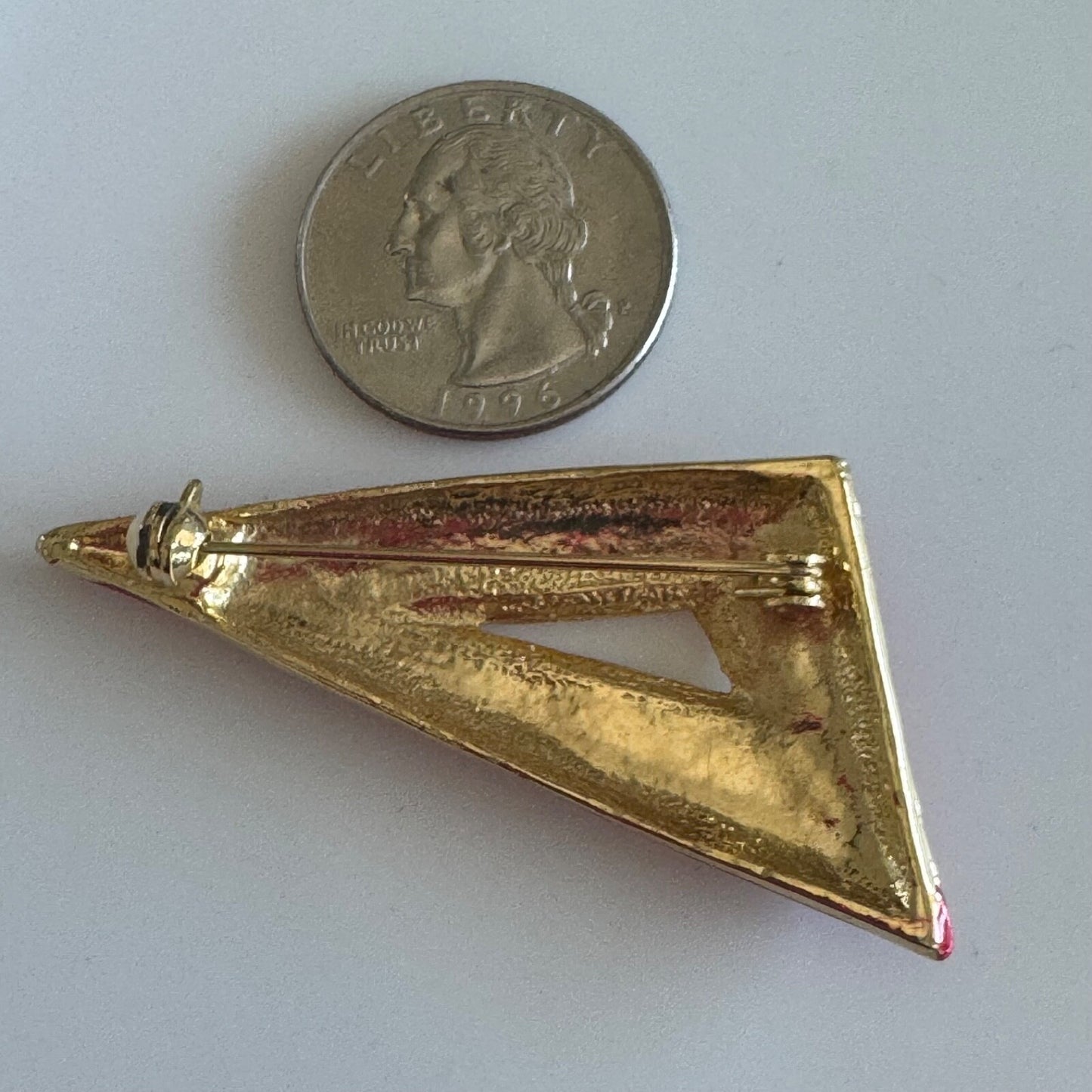 Vintage Gold Tone Red Enamel Triangle Brooch Pin 1980s 1990s