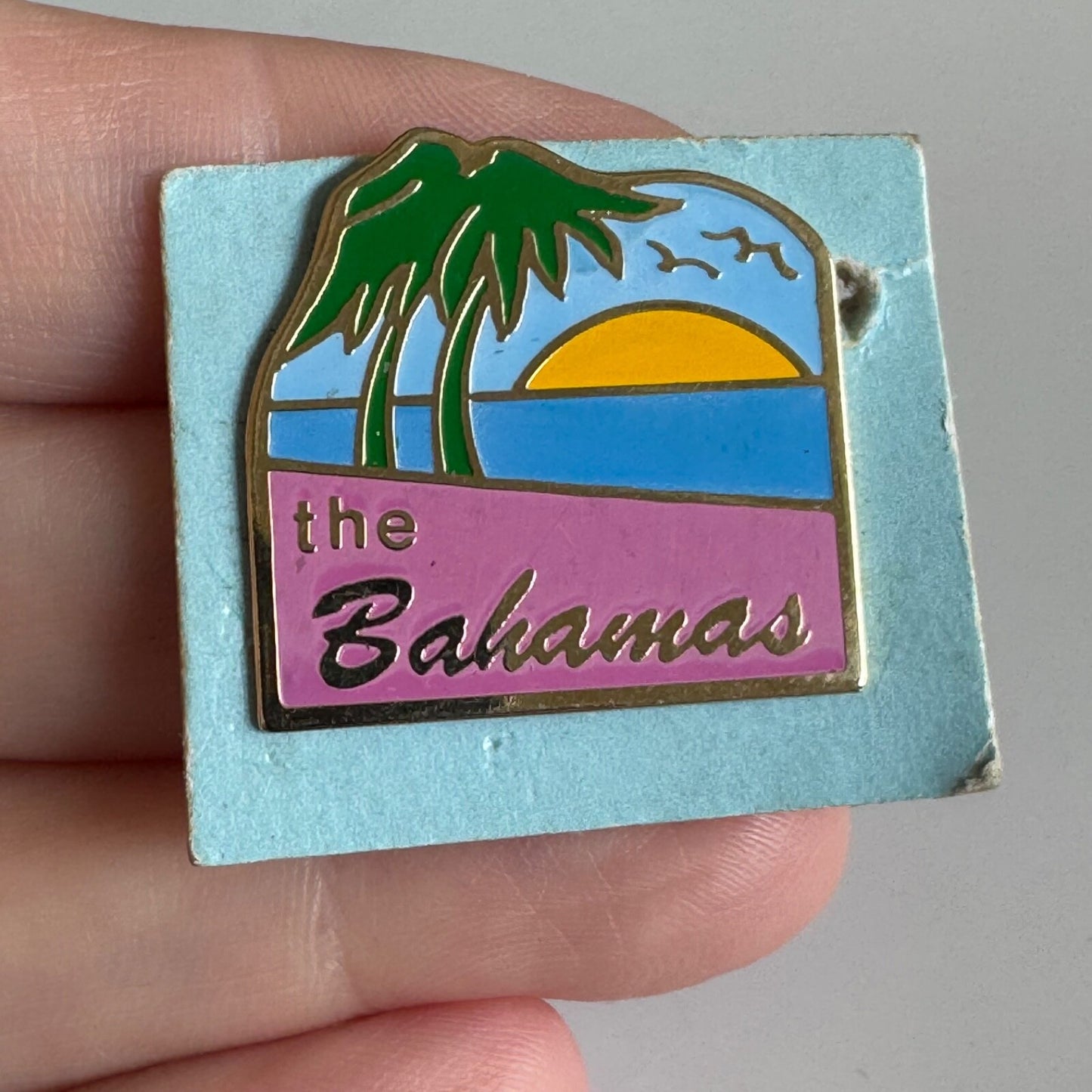 The Bahamas Sunset Enamel Pin – Palm Trees & Ocean View on Card