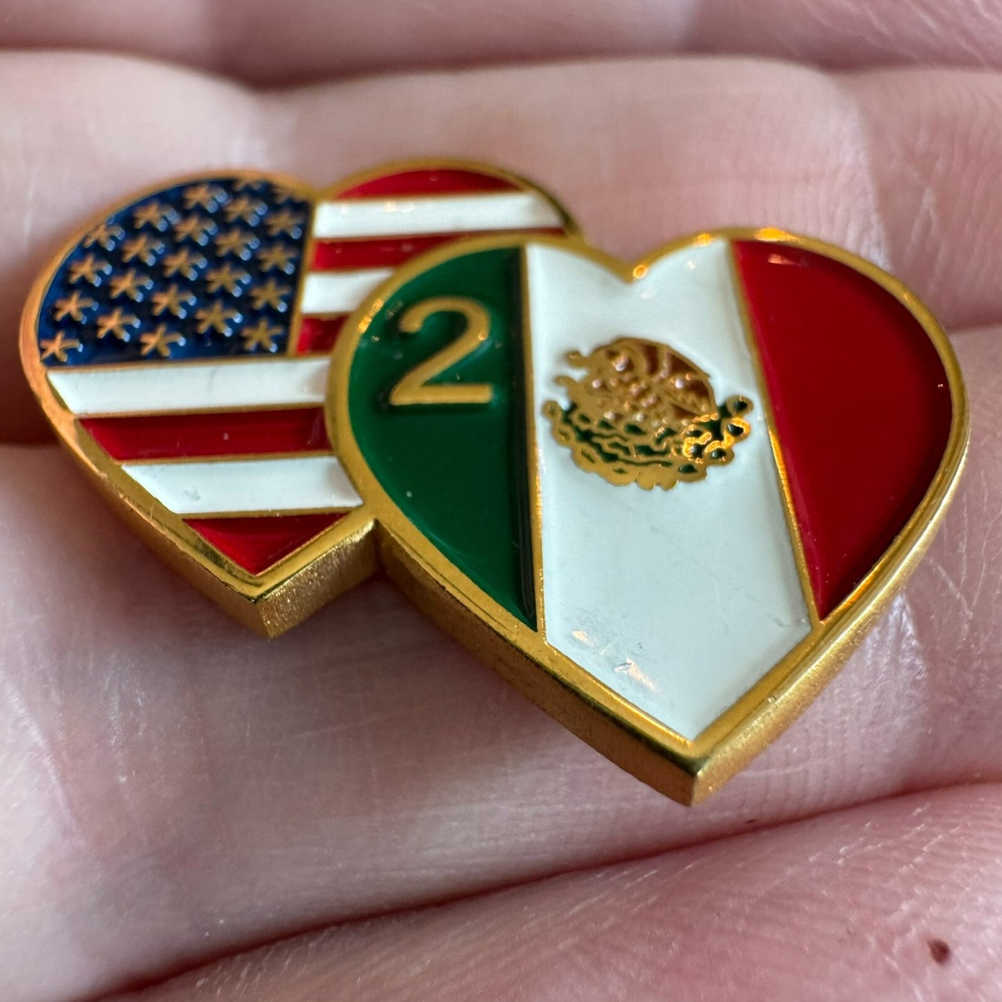 American and Mexican Friendship Flag Heart Lapel Pin Enamel USA Mexico