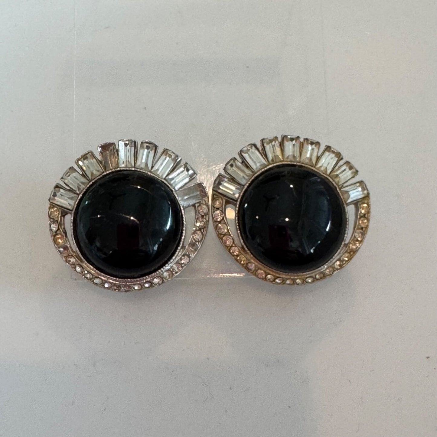 Vintage Bergere Silver Tone Clip On Earrings Black Cabochon AS IS