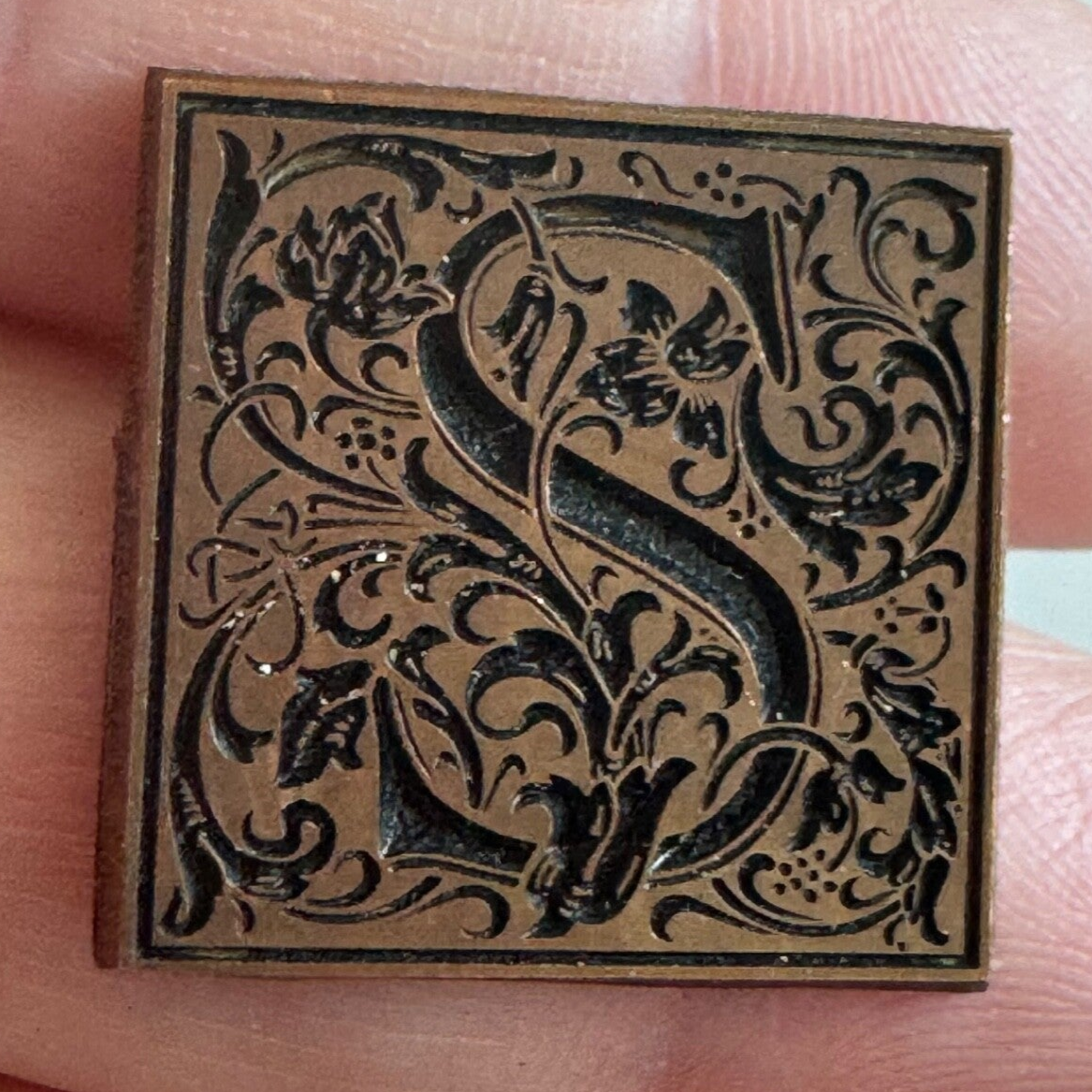 Letter S Monogram Copper Colored Carved Brooch Pin