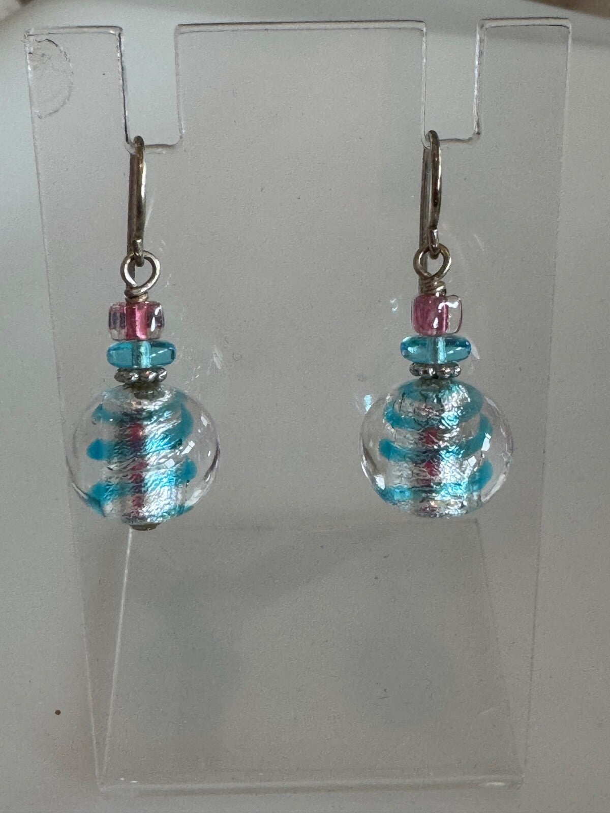 Dichroic Glass Pink Blue Clear Pierced Dangle Earrings