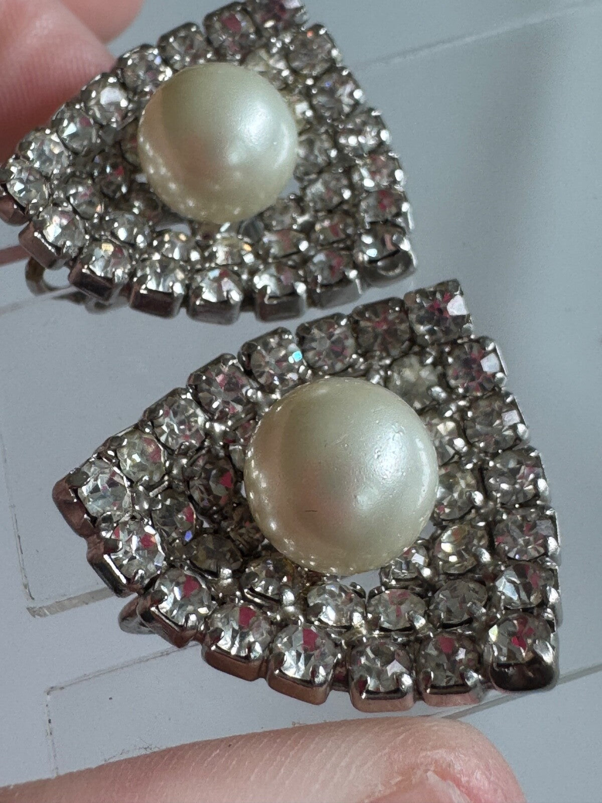 Vintage Kramer NY Rhinestone & Faux Pearl Clip-On Earrings – Shield Shape