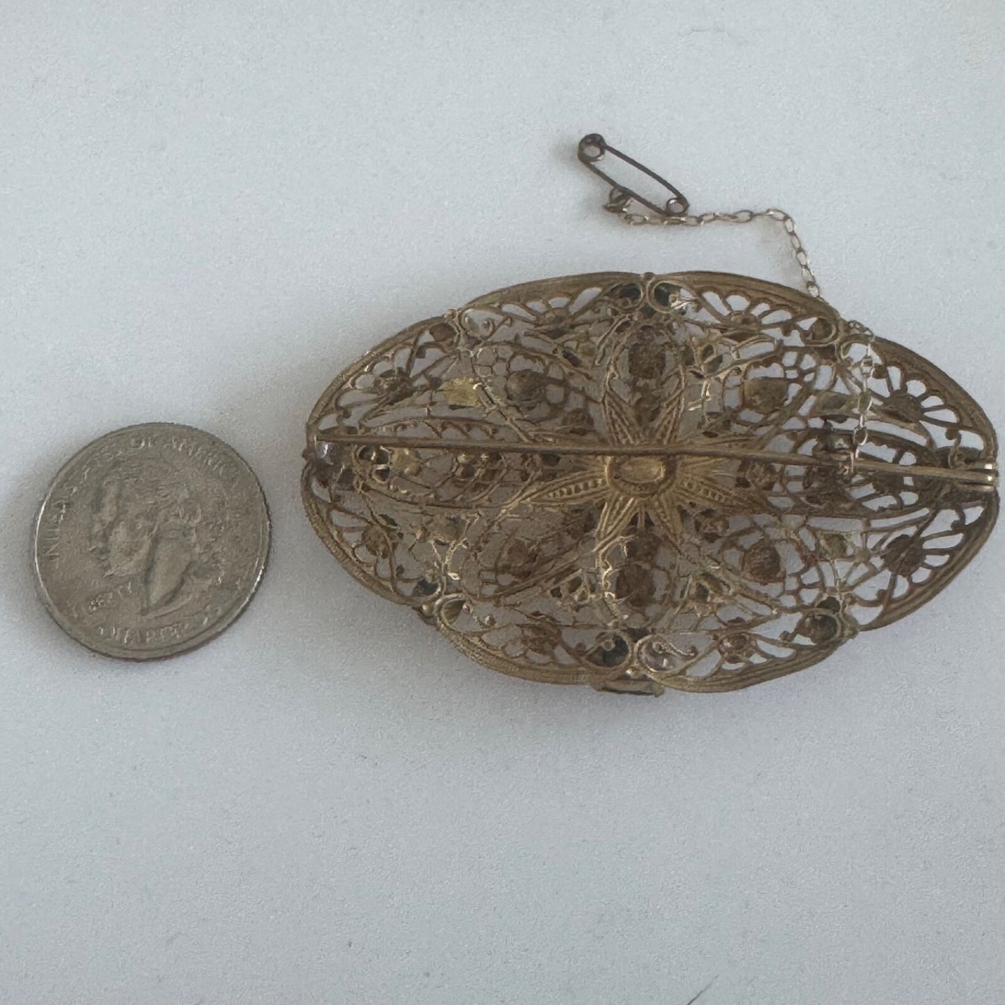 Vintage Filigree Crystal Art Nouveau Brooch with Safety Clasp C-Clasp