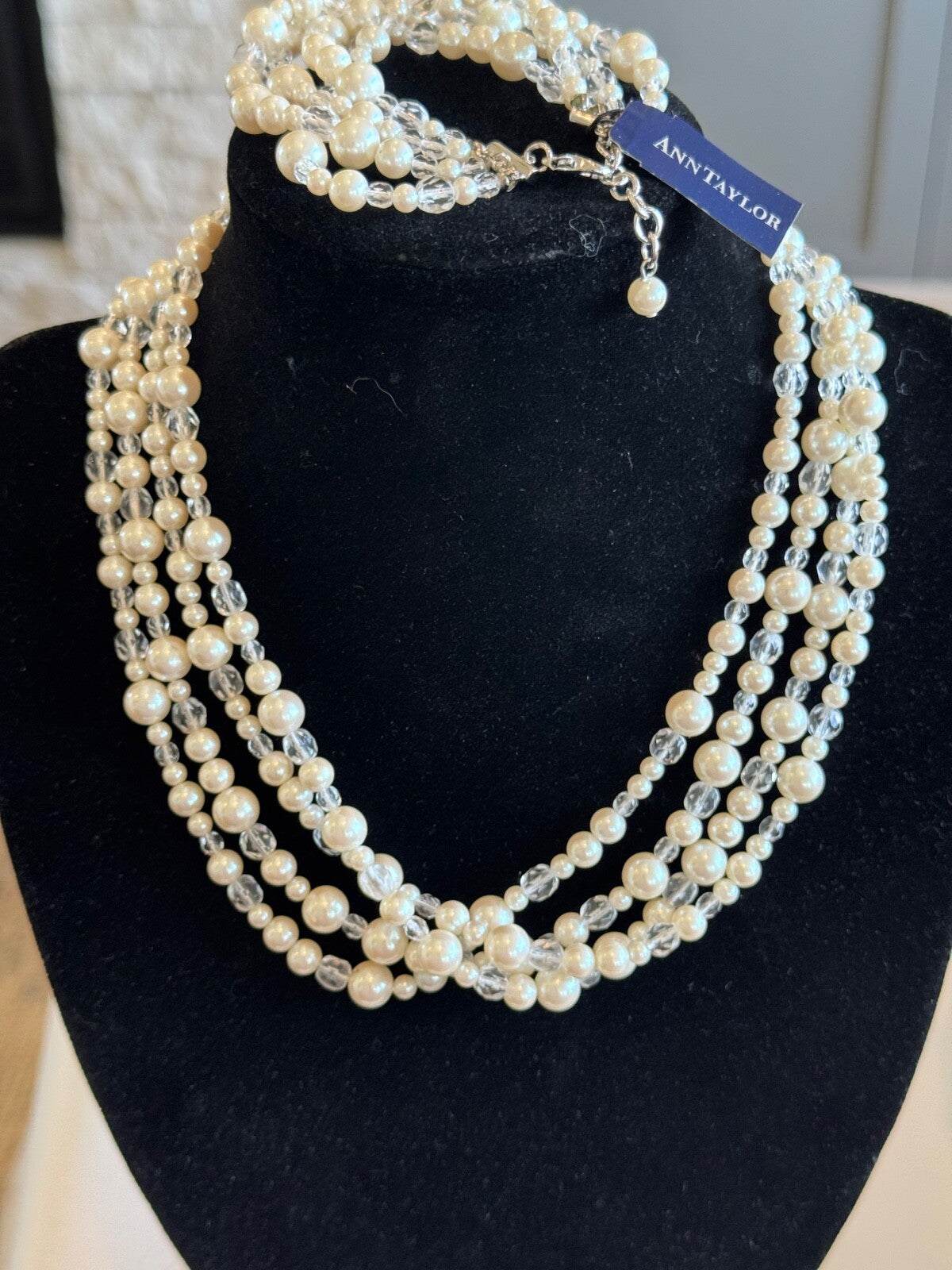 Ann Taylor Four-Strand Pearl and Crystal 20" Necklace and 8.5" Bracelet Set