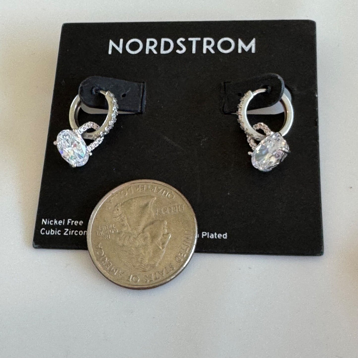 Nordstrom Oval Cubic Zirconia Drop Huggie Hoop Earrings New On Card Pierced $60