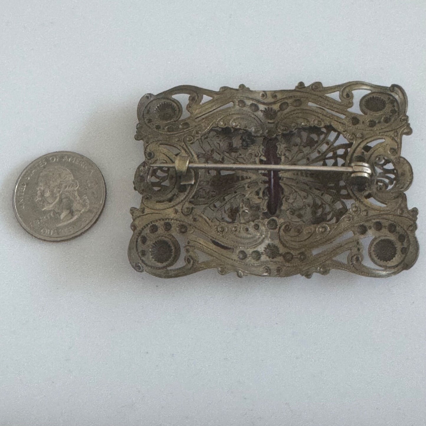Antique Victorian Filigree Sash Brooch Pin Purple Stone Art Nouveau