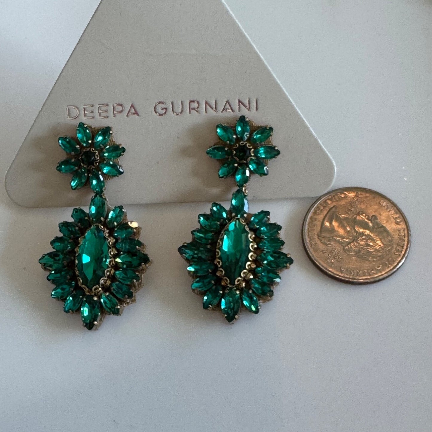 Deepa Gurnani Alianah Crystal Drop Earrings Emerald Color New On Card Pierced