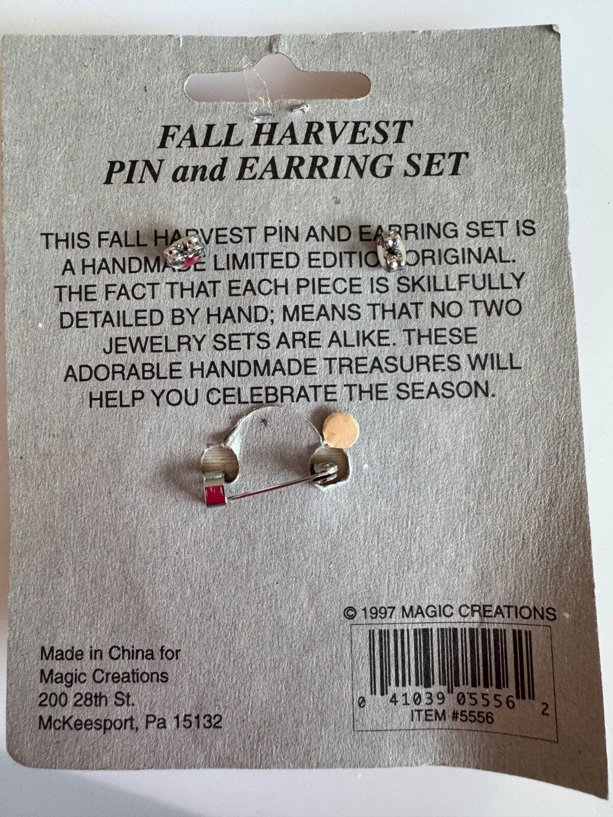 Vintage Fall Harvest Pin and Earrings Set Pumpkin Leaves Magic Creations Brooch