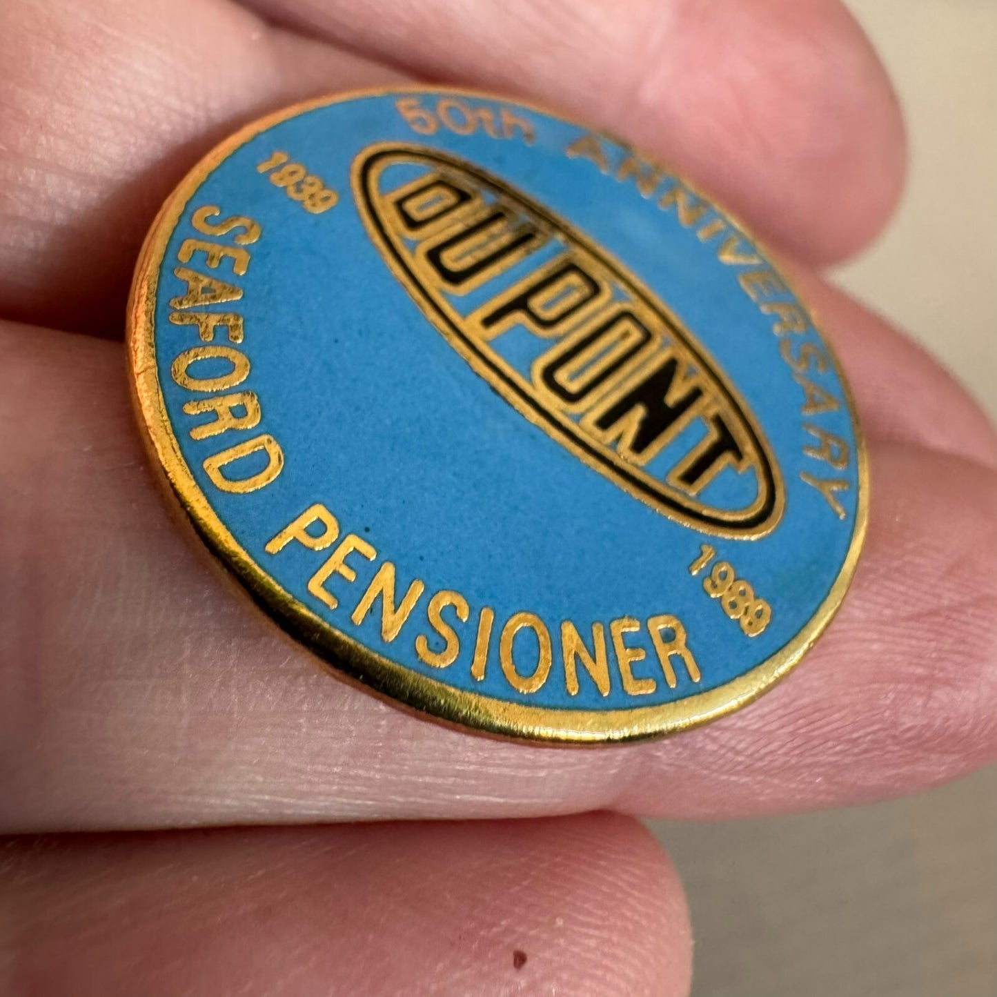 Vintage Dupont 50th Anniversary Seafood Pensioner Enamel Lapel Pin 1989 RARE