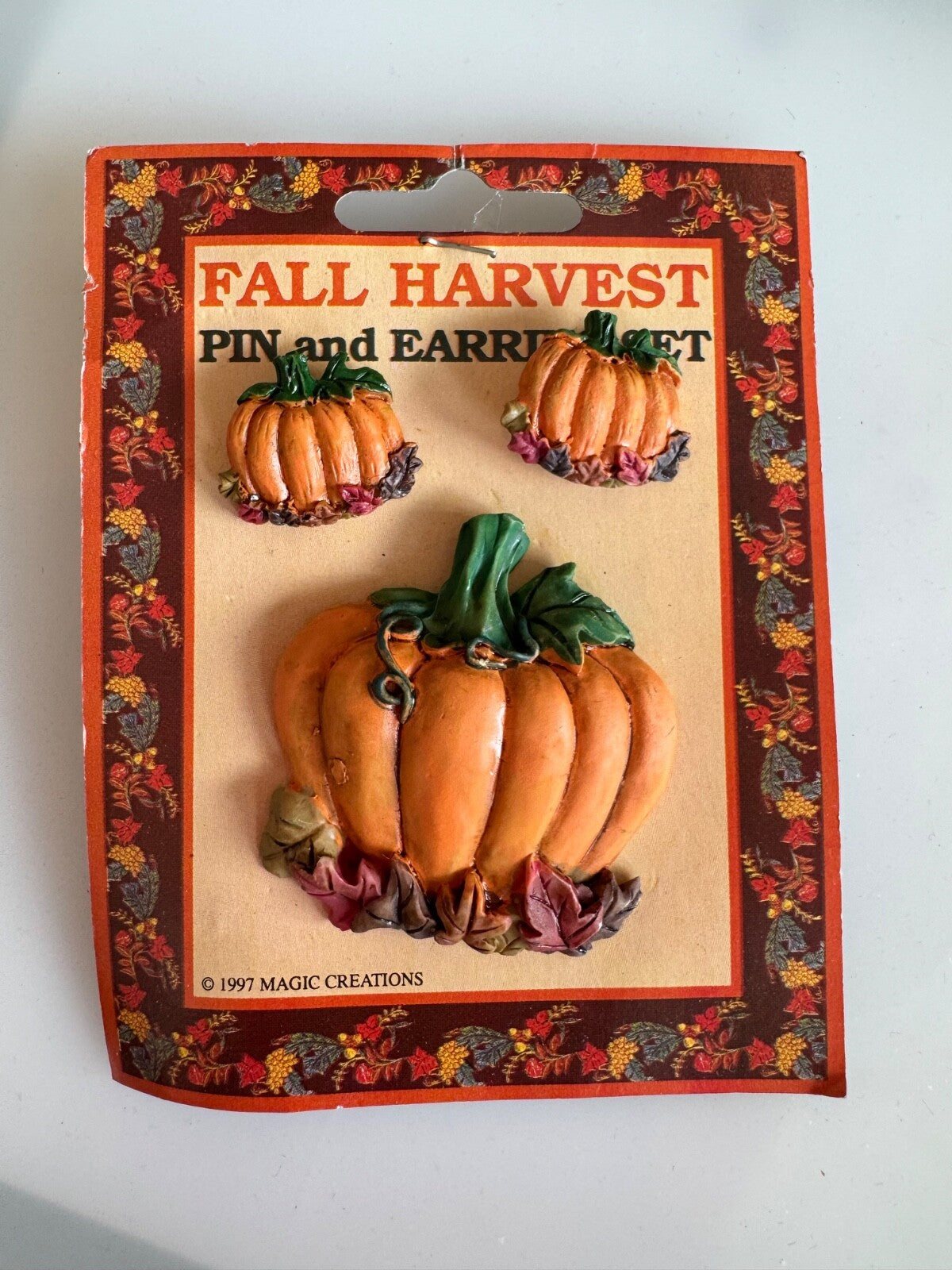 Vintage Fall Harvest Pin and Earrings Set Pumpkin Leaves Magic Creations Brooch