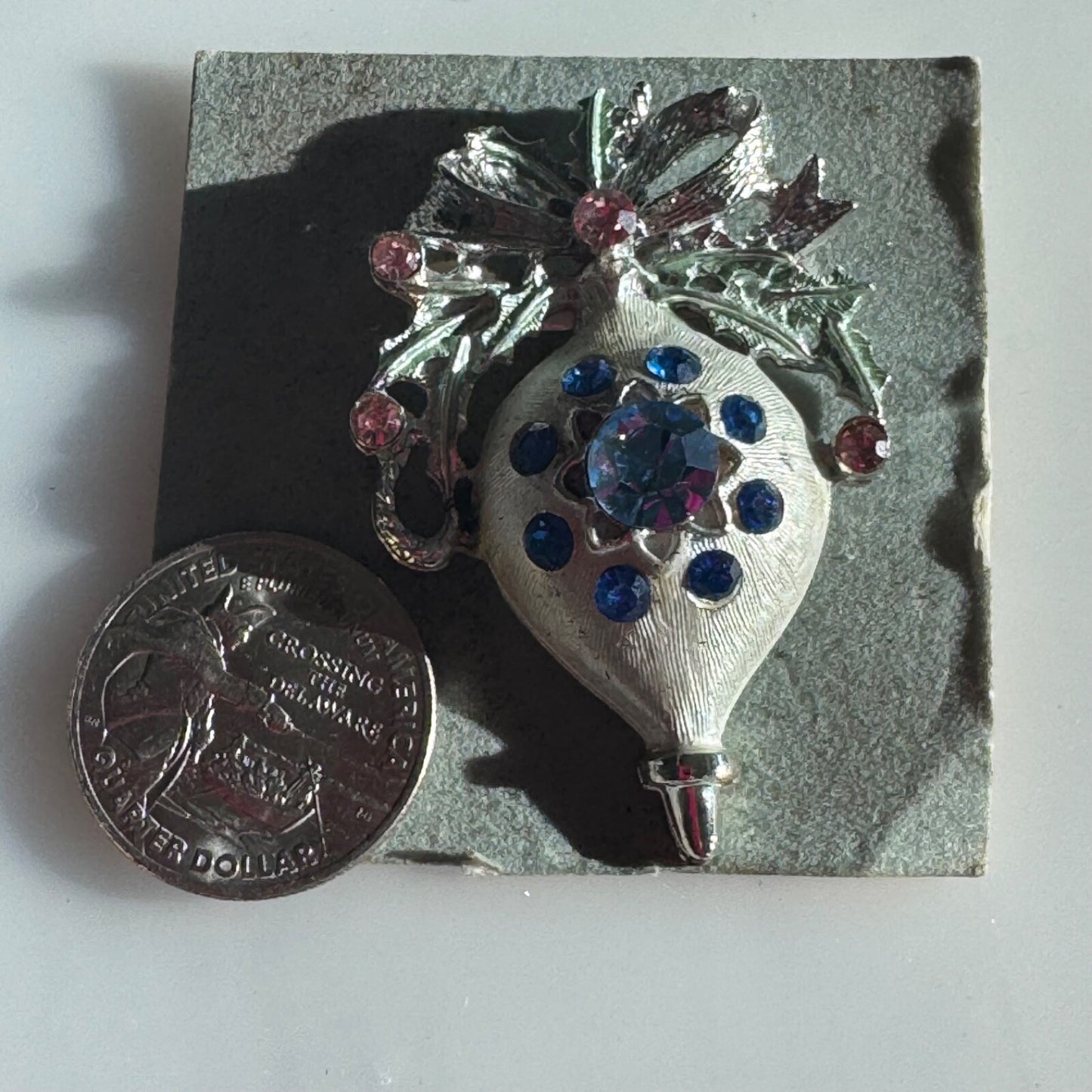 Vintage Christmas Ornament Brooch Silver Tone with Blue and Pink Rhinestones Pin
