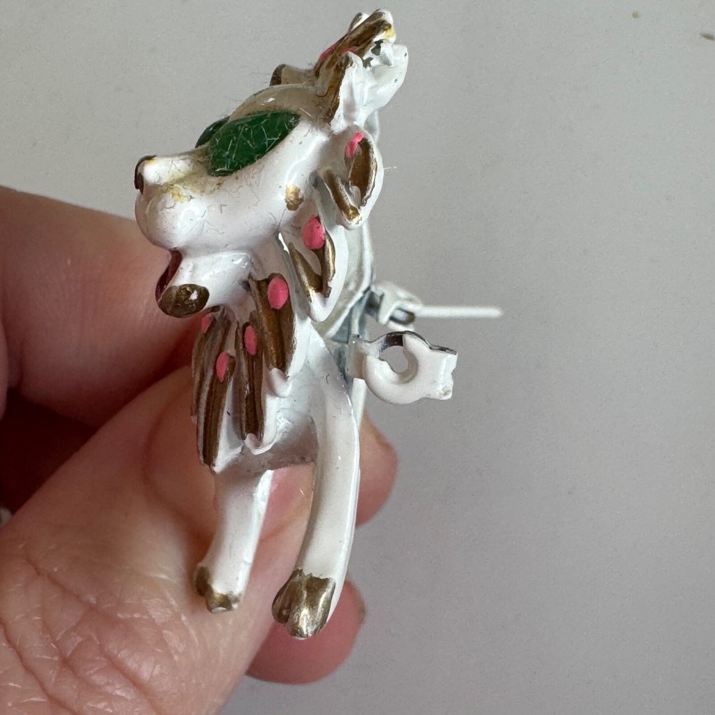 Vintage White Enamel Lion Brooch Pink Green Eyes Precious Pins Pin
