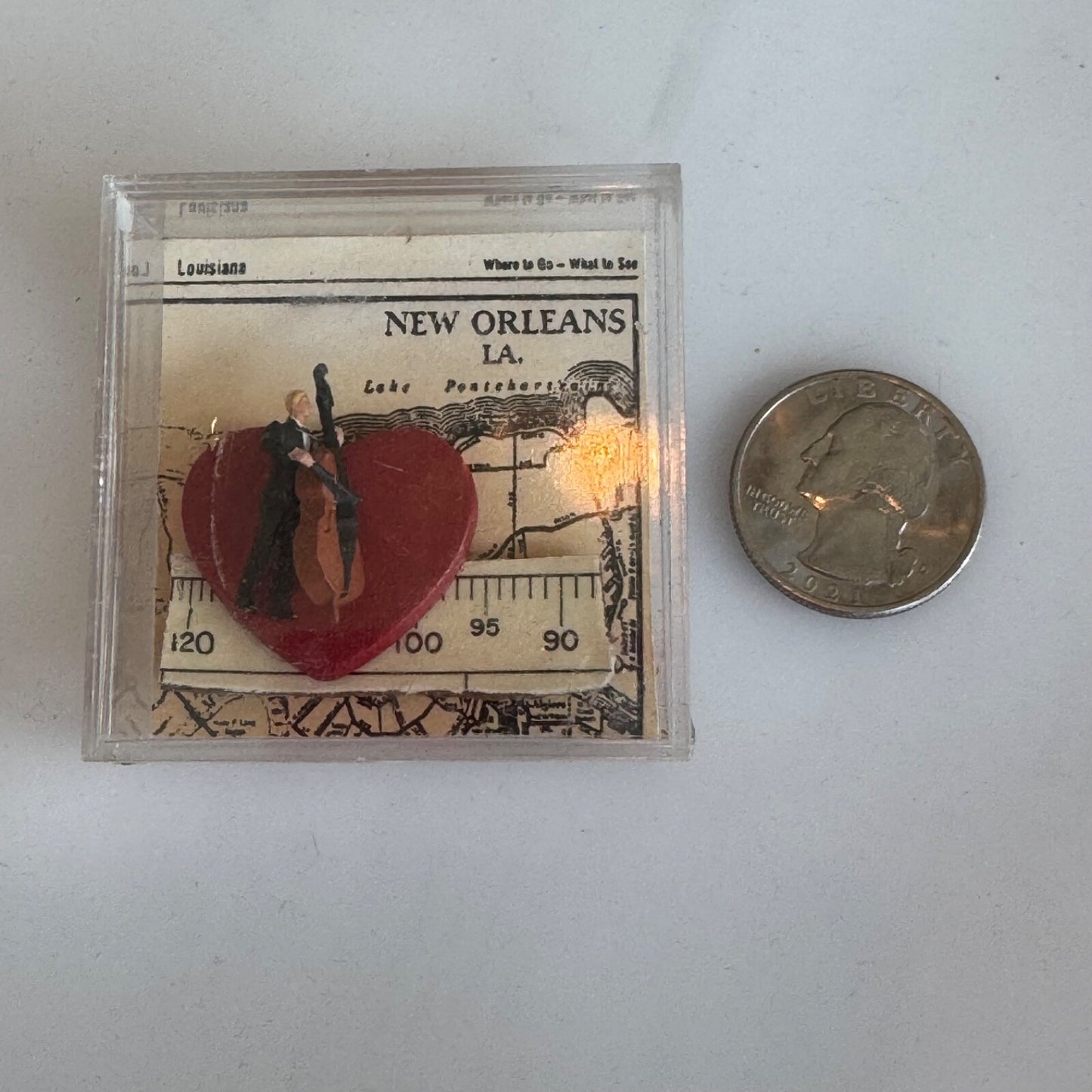 Vintage New Orleans Clay Brooch Double Bass Player Heart Pin Map in Lucite Box