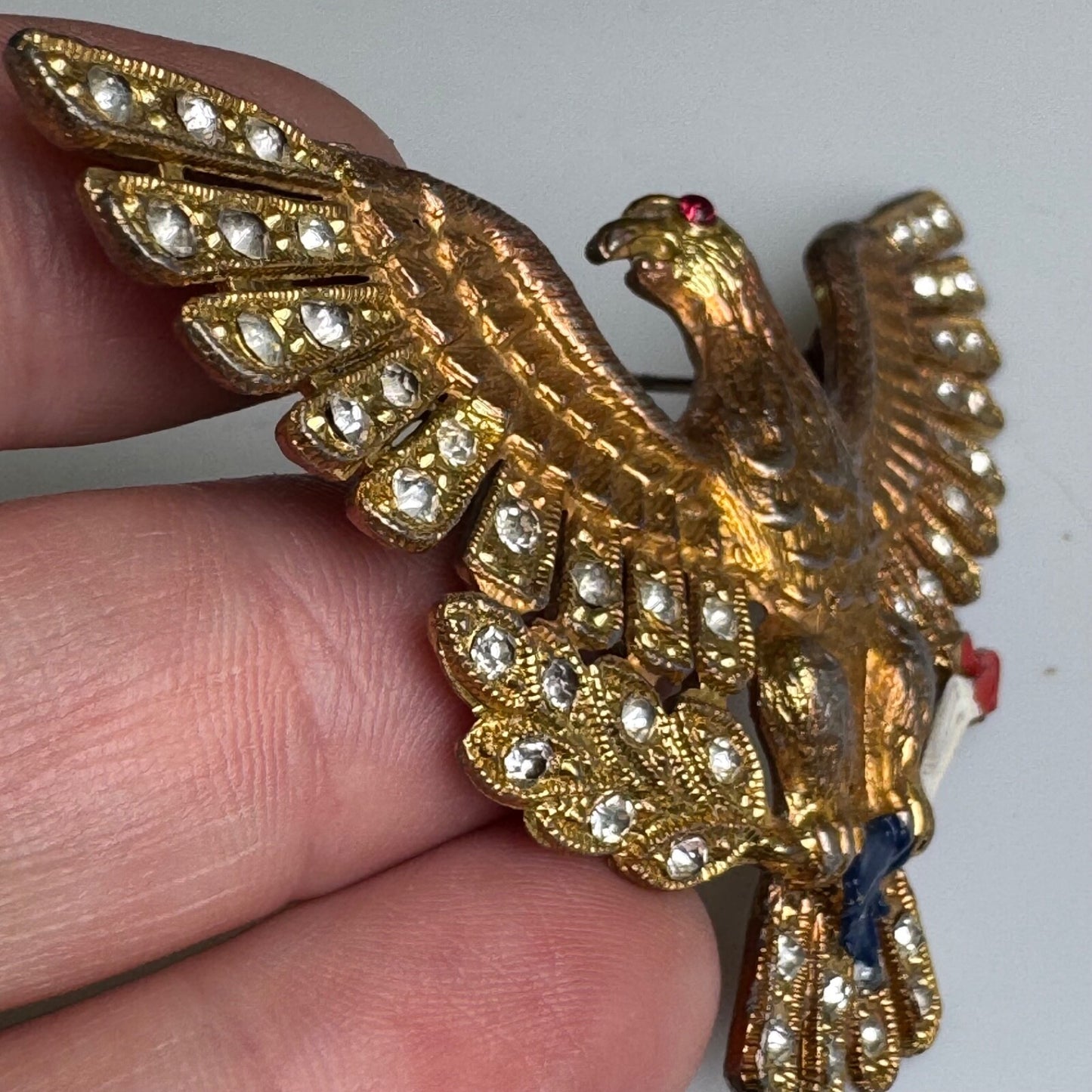 WWII EAGLE PIN SWEETHEART BROOCH ENAMEL RHINESTONE METAL BIRD FIGURAL