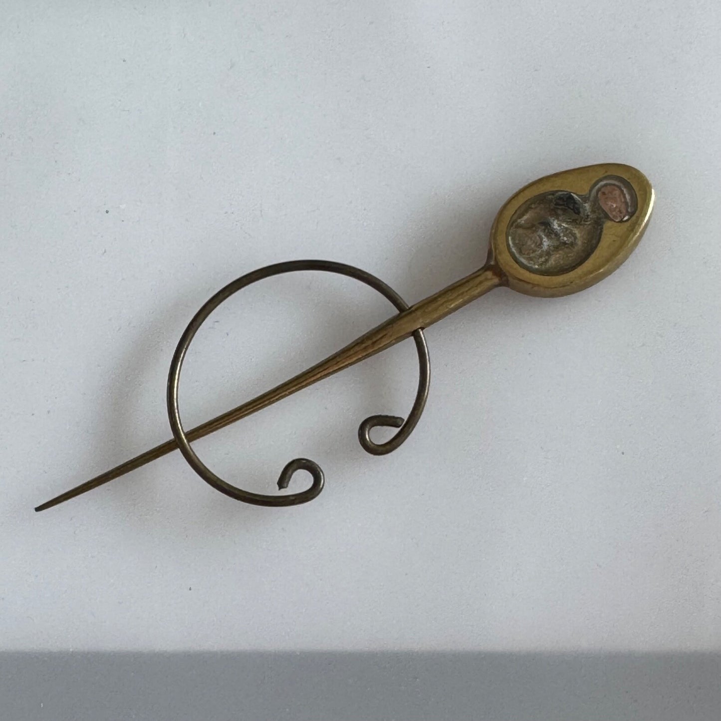 Vintage Antique SCOTTISH AGATE ENAMEL PENANNULAR ARTSY BRASS BROOCH PIN