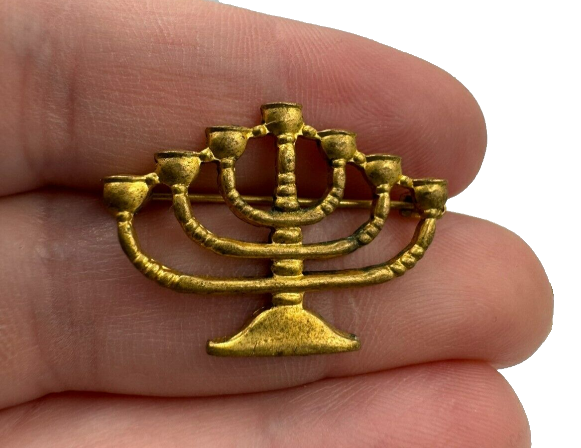 Vintage Gold Tone Menorah Pin Brooch Jewish Lapel Button