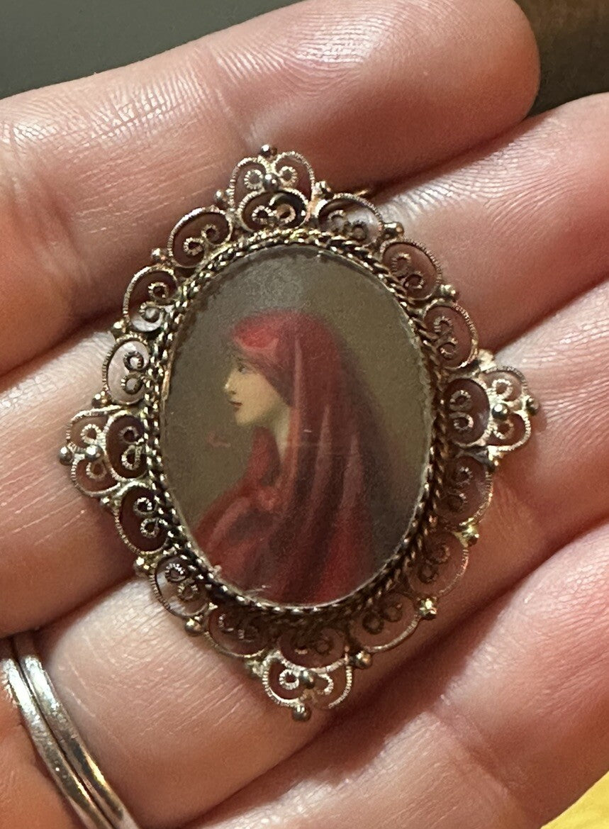 Antique Italian 800 Silver Saint Fabiola Hand Painted Portrait Pendant St. St