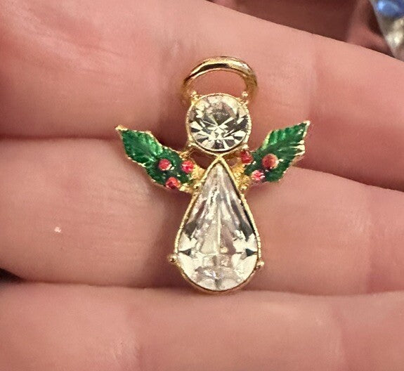 Gold-Tone Christmas Crystal Angel Pin Holly