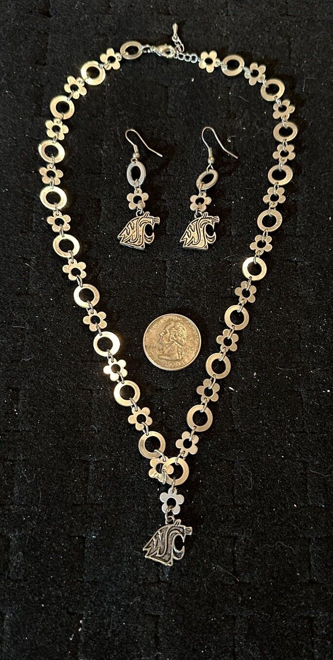 Vintage Washington State Cougars 19” Necklace and Earrings Silver Tone Flowers