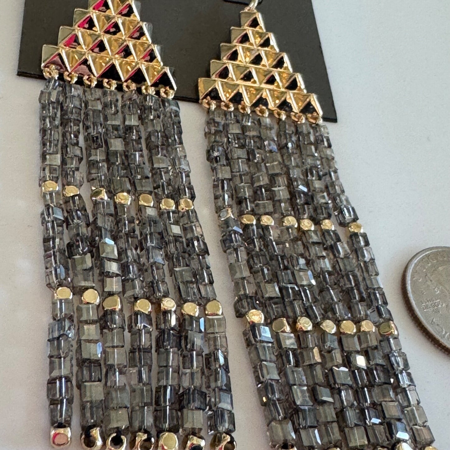 AllSaints Pyramid Beaded Fringe Drop Earrings in Gold New on Card $125