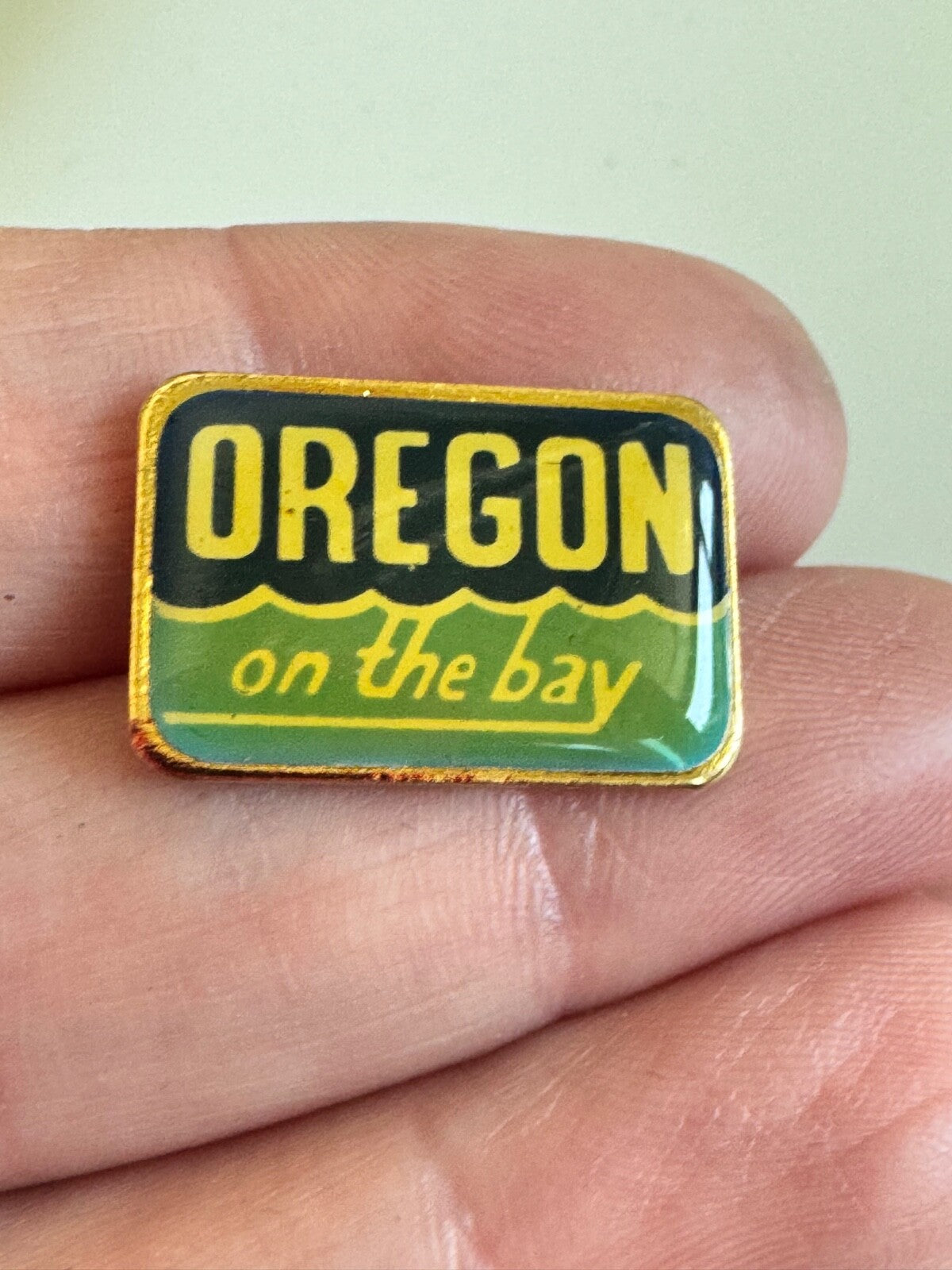 Vintage Oregon on the Bay Ohio Enamel Souvenir Pin – Green Yellow Black