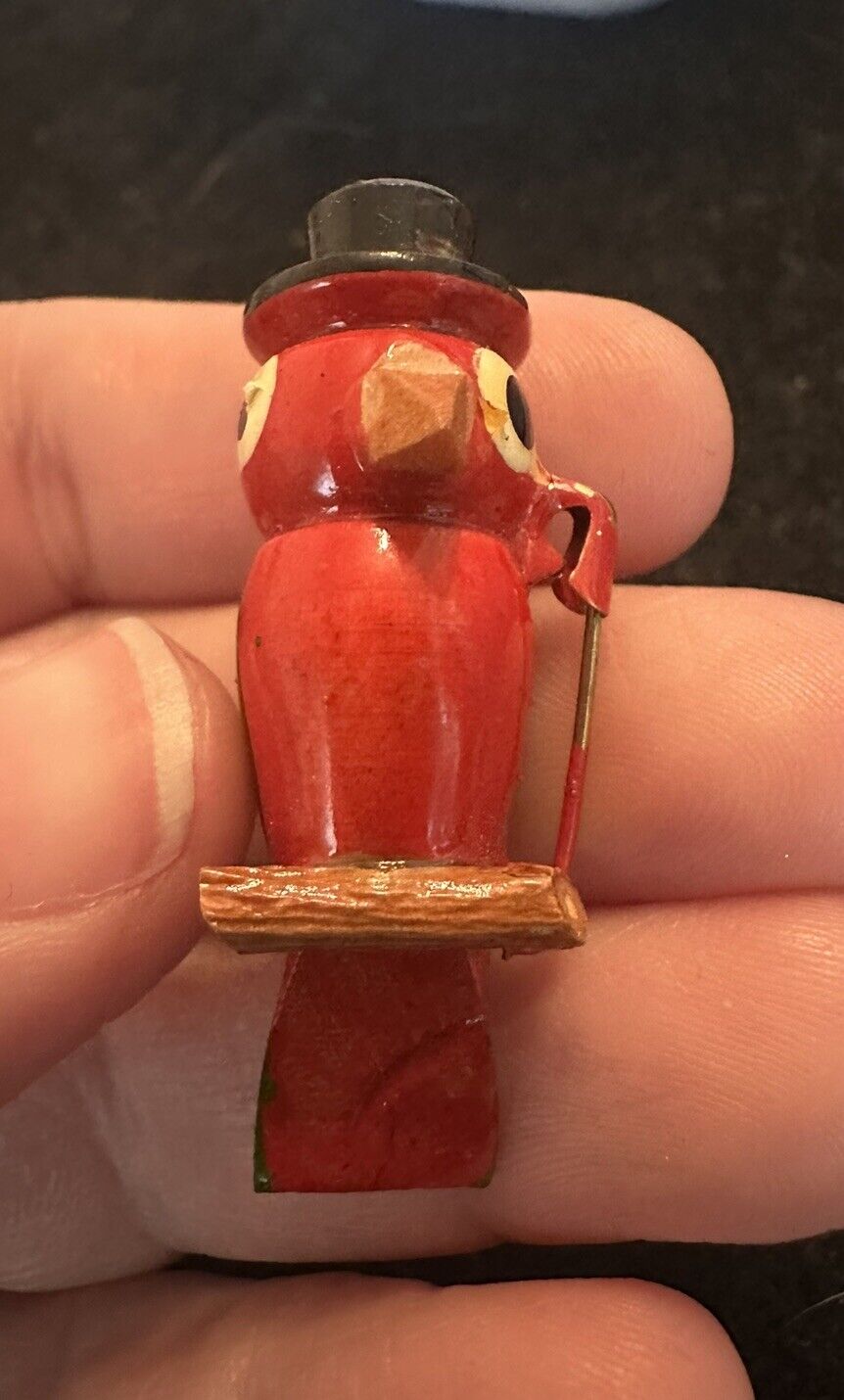 Antique Red Perched Parrot In A Top Hat - Wooden Painted Pin Bird Brooch